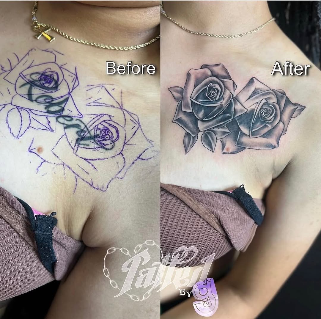 Two roses neo-traditional tattoo on the chest by Dallas Tattoo Artist