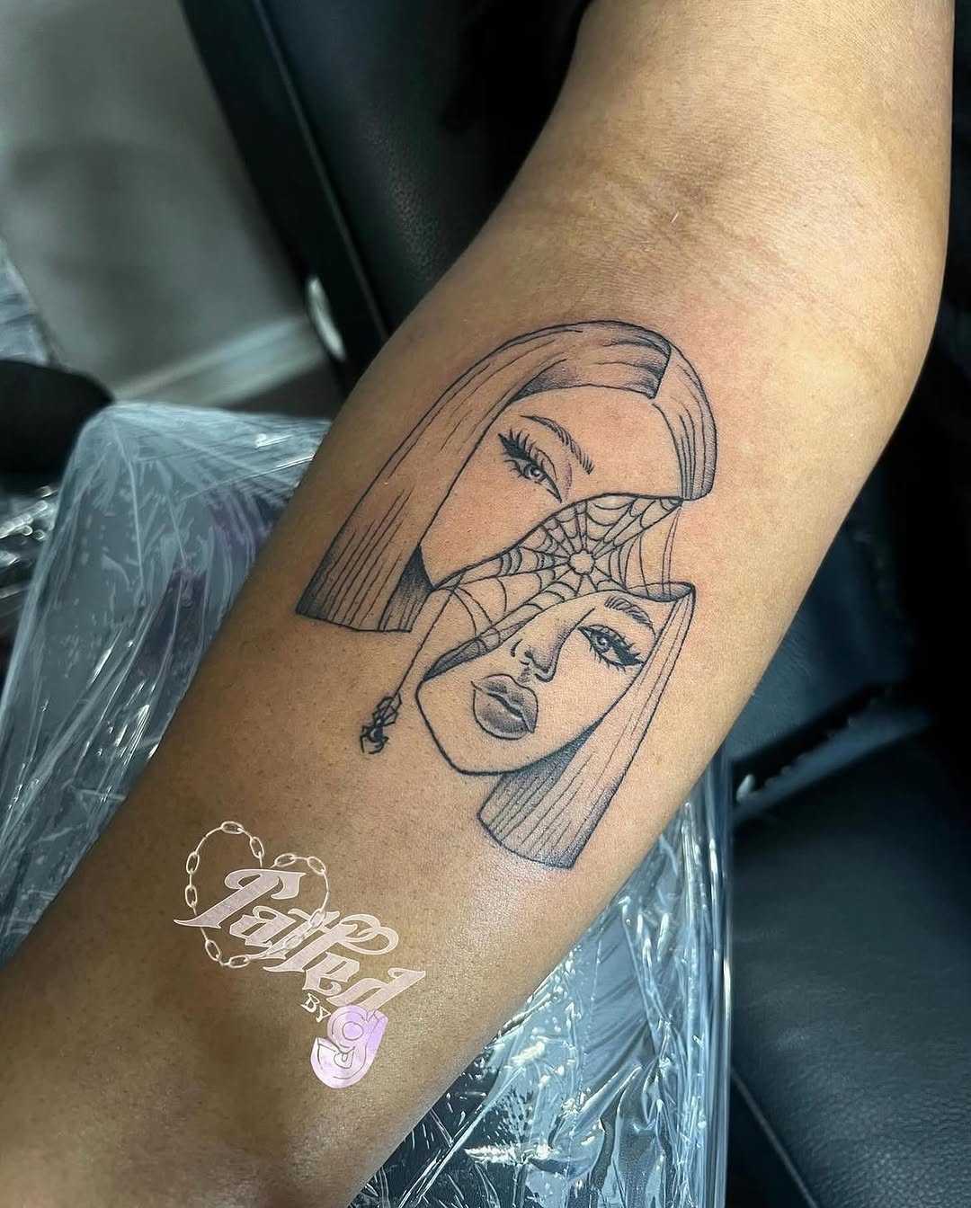 Surreal portrait with spiderweb realism tattoo on the forearm by Dallas Tattoo Artist