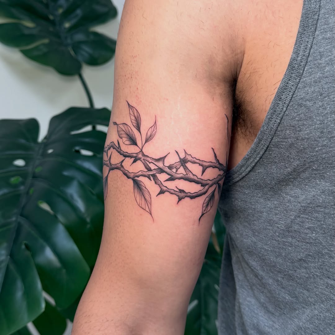 Crown of thorns cyber sigilism tattoo on the forearm by David