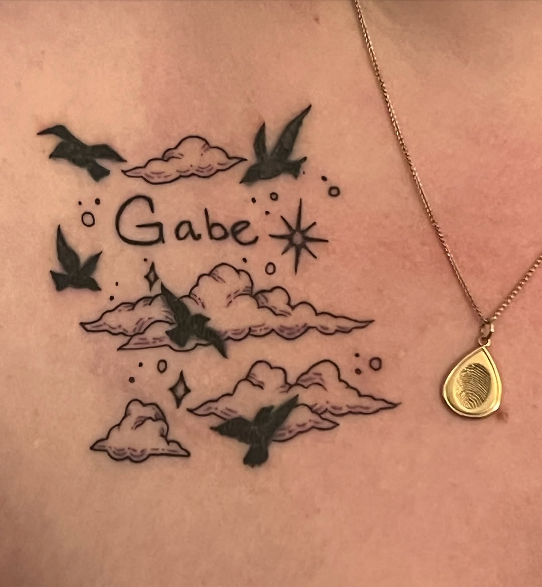 Sky with birds and clouds dotwork tattoo on the chest by Megan Merrell (Butler)