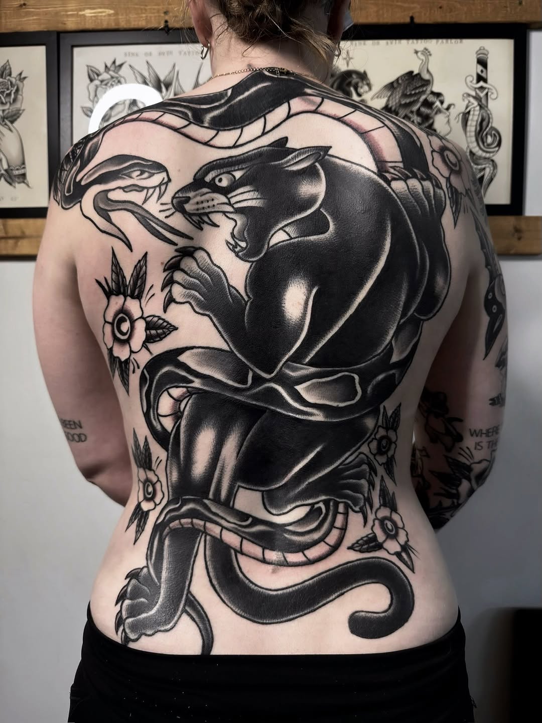 Panther and snake realism tattoo on the back by Trav, Bayville, New Jersey