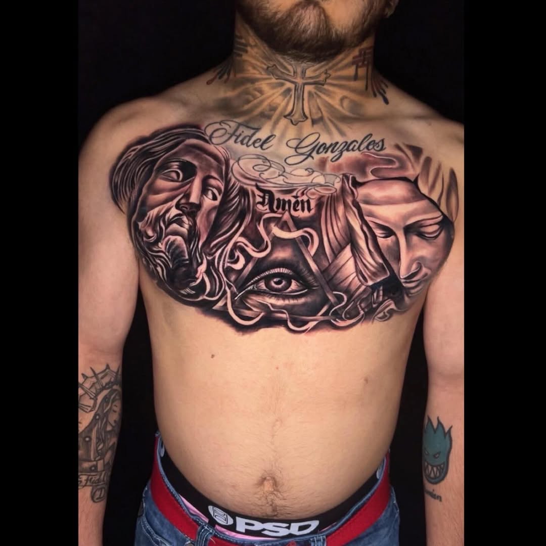 Tattoo by @painandpleasuretattoos505 — chicano, black_and_grey