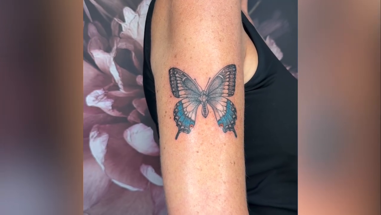 Butterfly tattoo on arm fine line tattoo on the forearm by Van Cleave Aesthetics, Franklin, Tennessee