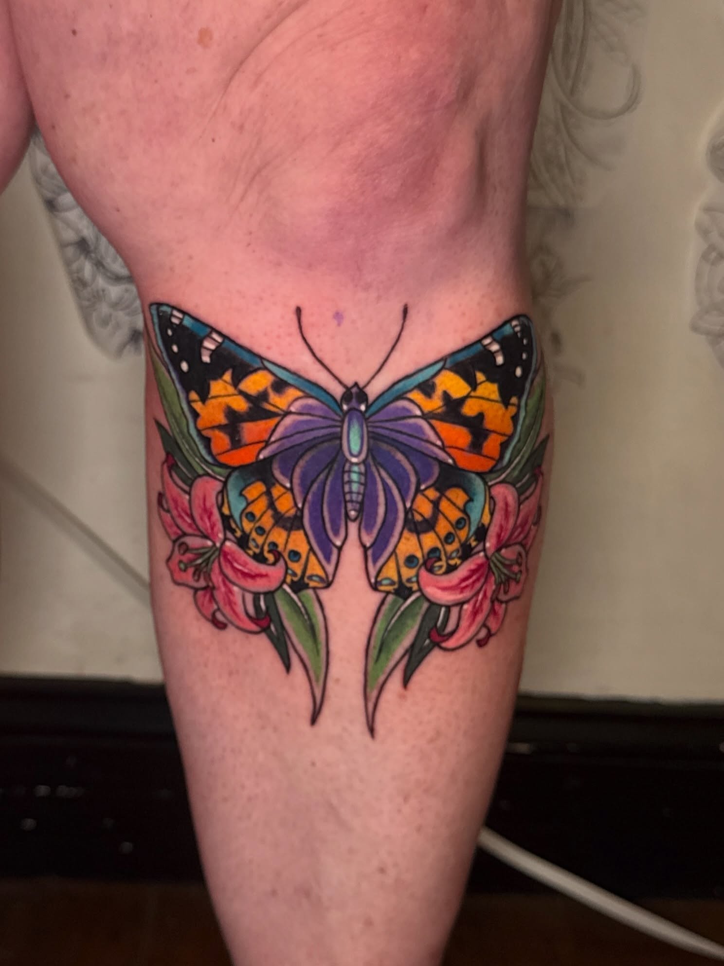 Butterfly new school tattoo on the thigh by ❈°binx°❈