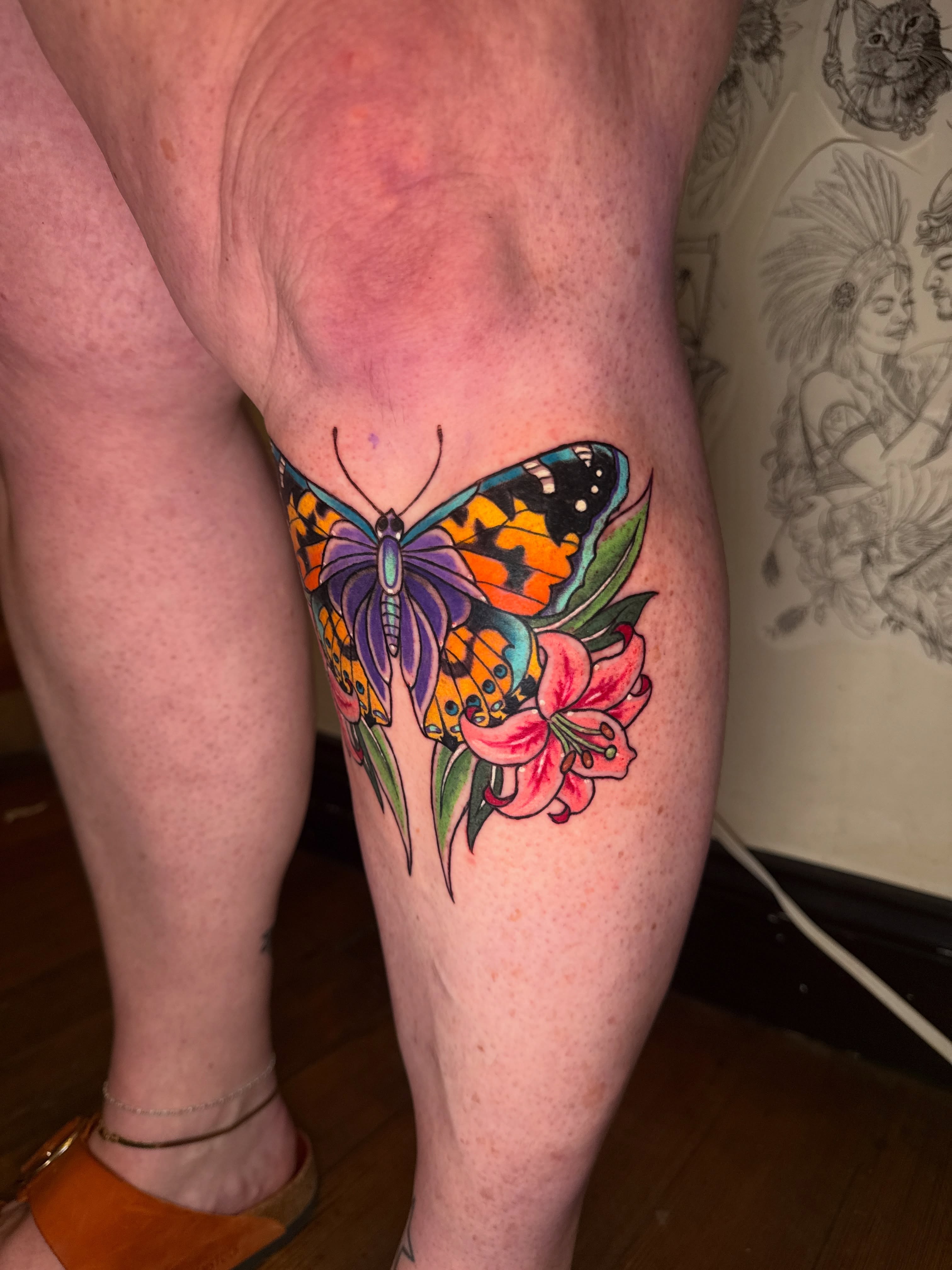 Butterfly and lily new school tattoo on the thigh by ❈°binx°❈