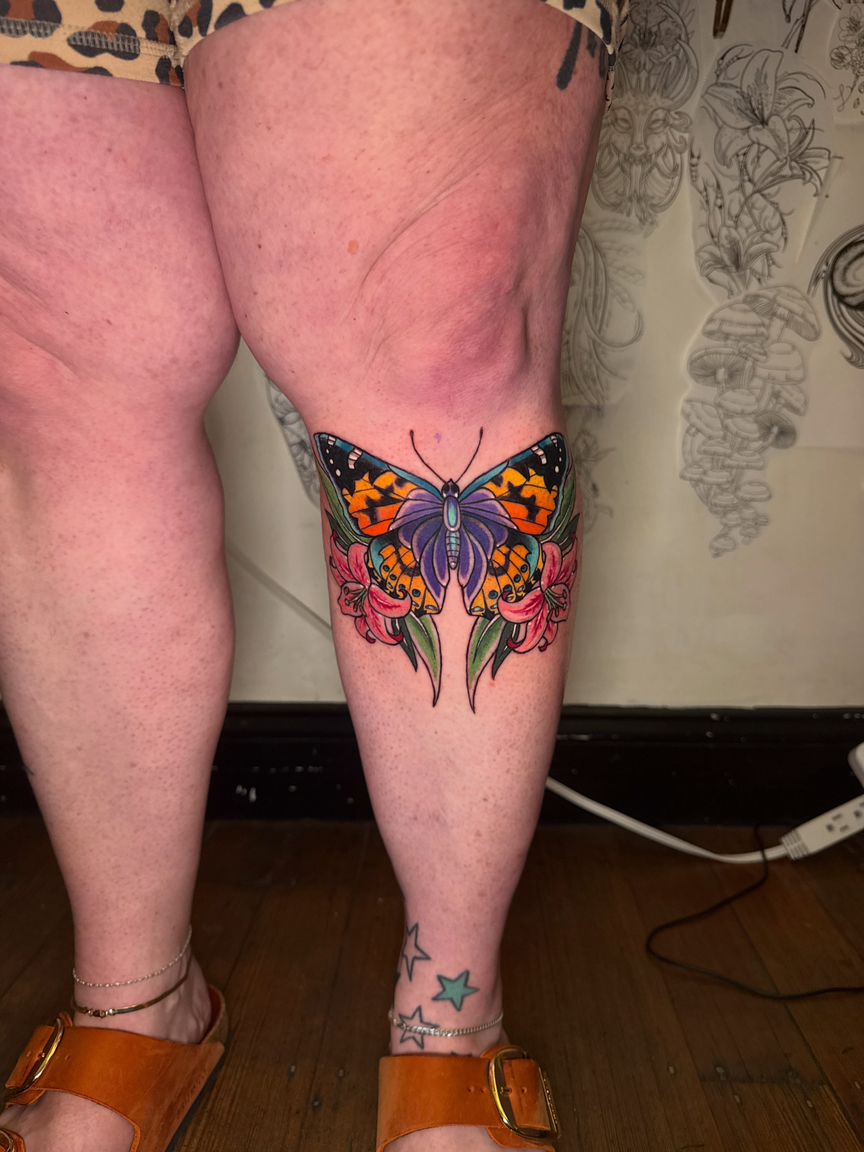 Butterfly new school tattoo on the thigh by ❈°binx°❈