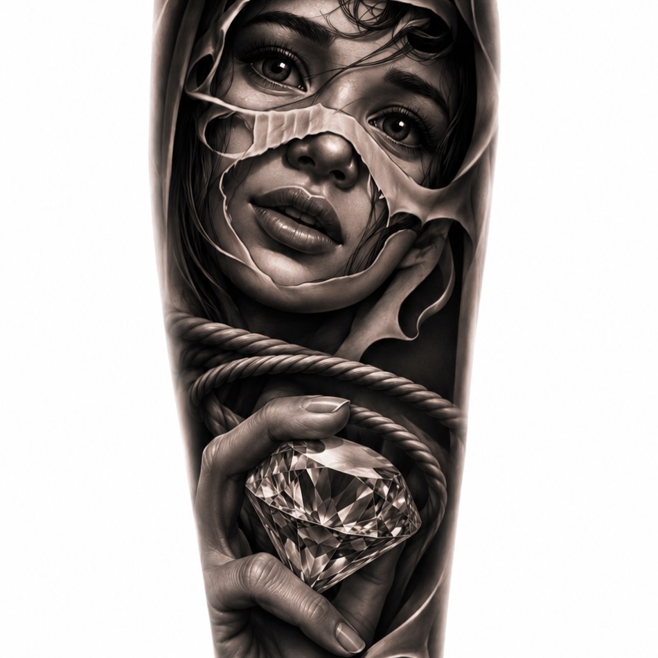 Woman's face with diamond realism tattoo on the forearm by Steve