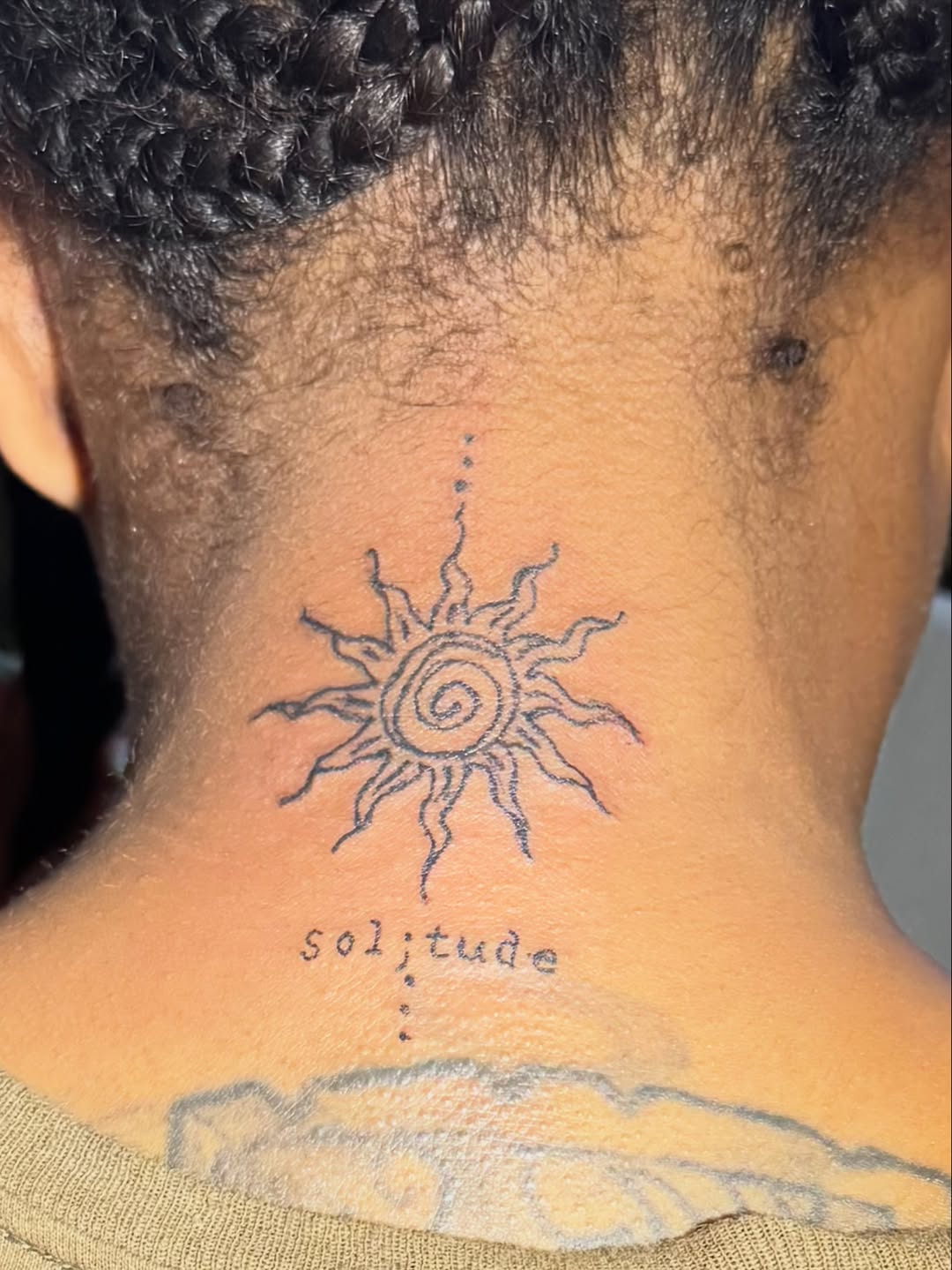 Sun and word solitude geometric tattoo on the neck by ❤️Jesselli ison ❤️