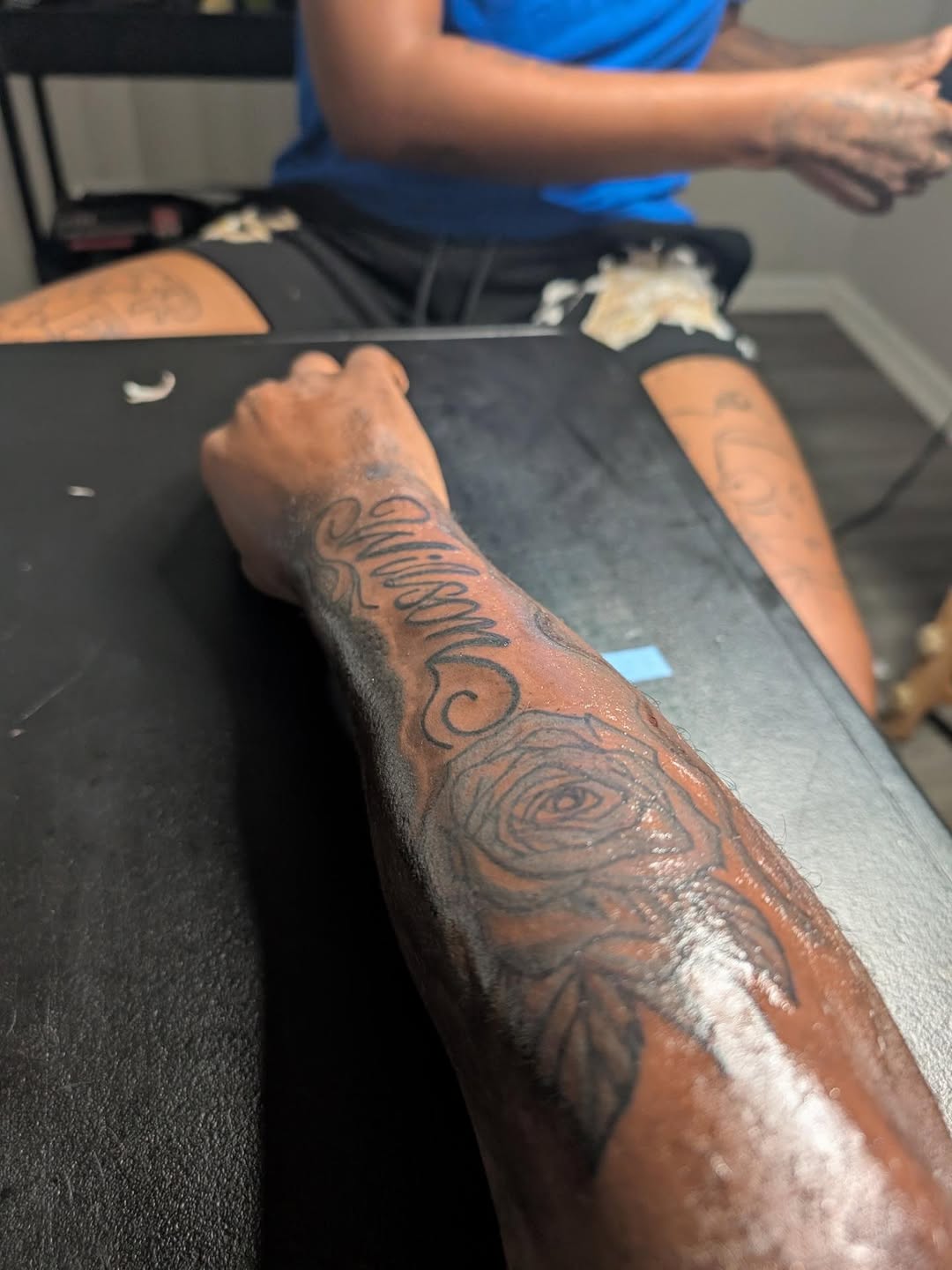 Rose and script lettering tattoo on the forearm by 𝐁𝐮𝐧𝐧𝐲 𝐒𝐡𝐨𝐩 𝐓𝐚𝐭𝐳 𝐍 𝐂𝐮𝐭𝐳