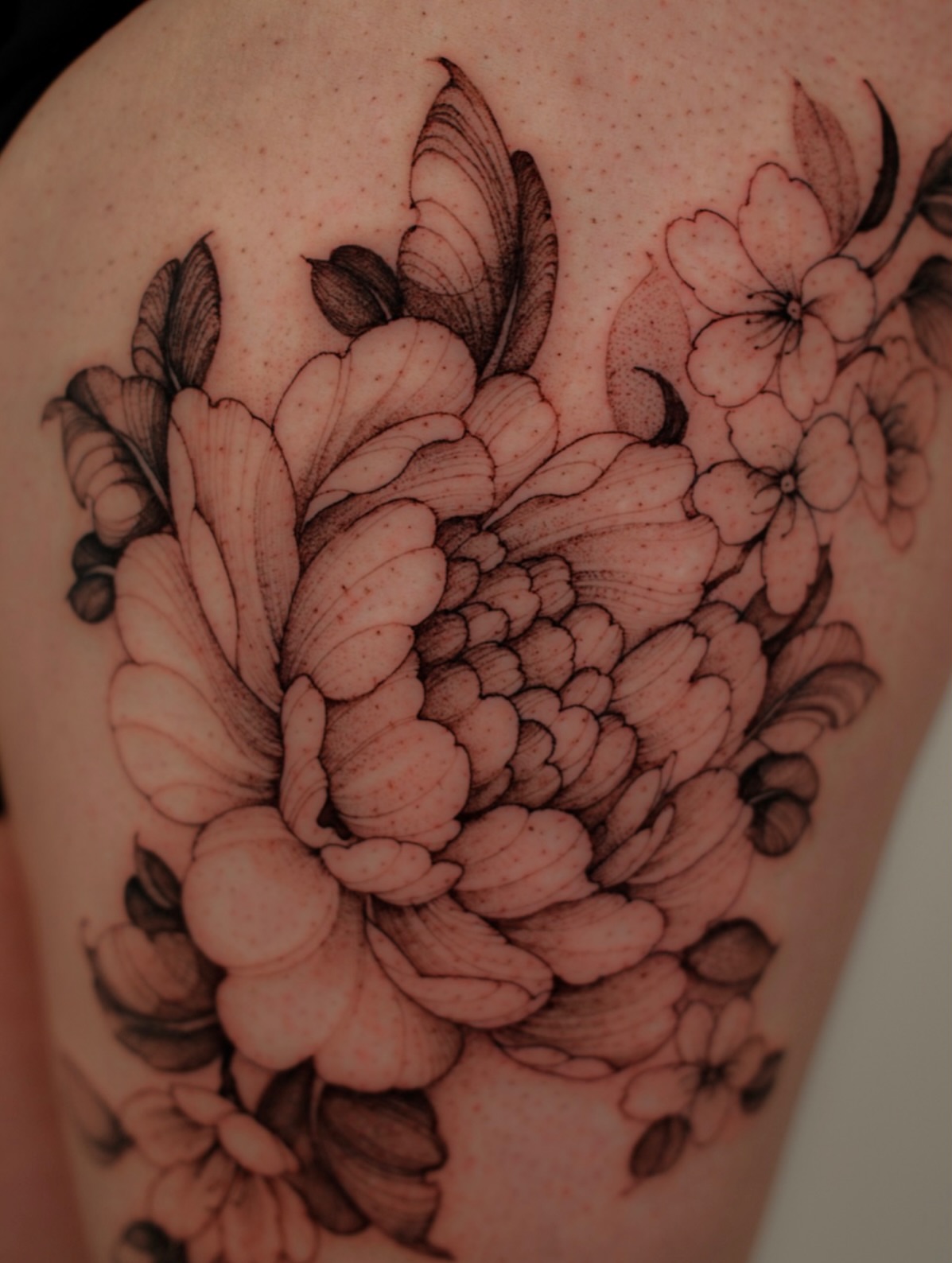 Floral bouquet realism tattoo on the shoulder by LORIE π€ Floral Tattoo Artist, Los Angeles, California