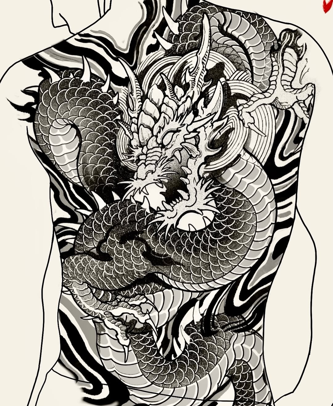 Dragon full back Japanese tattoo on the chest by Kubo