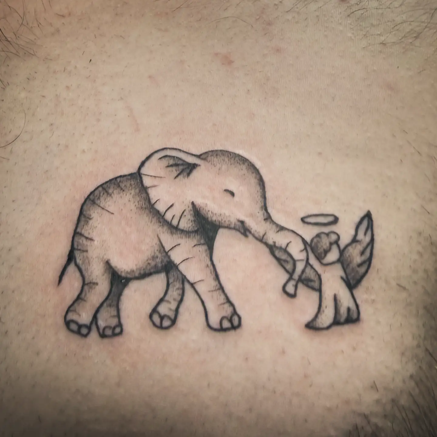 Elephant and angel black and grey tattoo on the torso by Matt Mahl