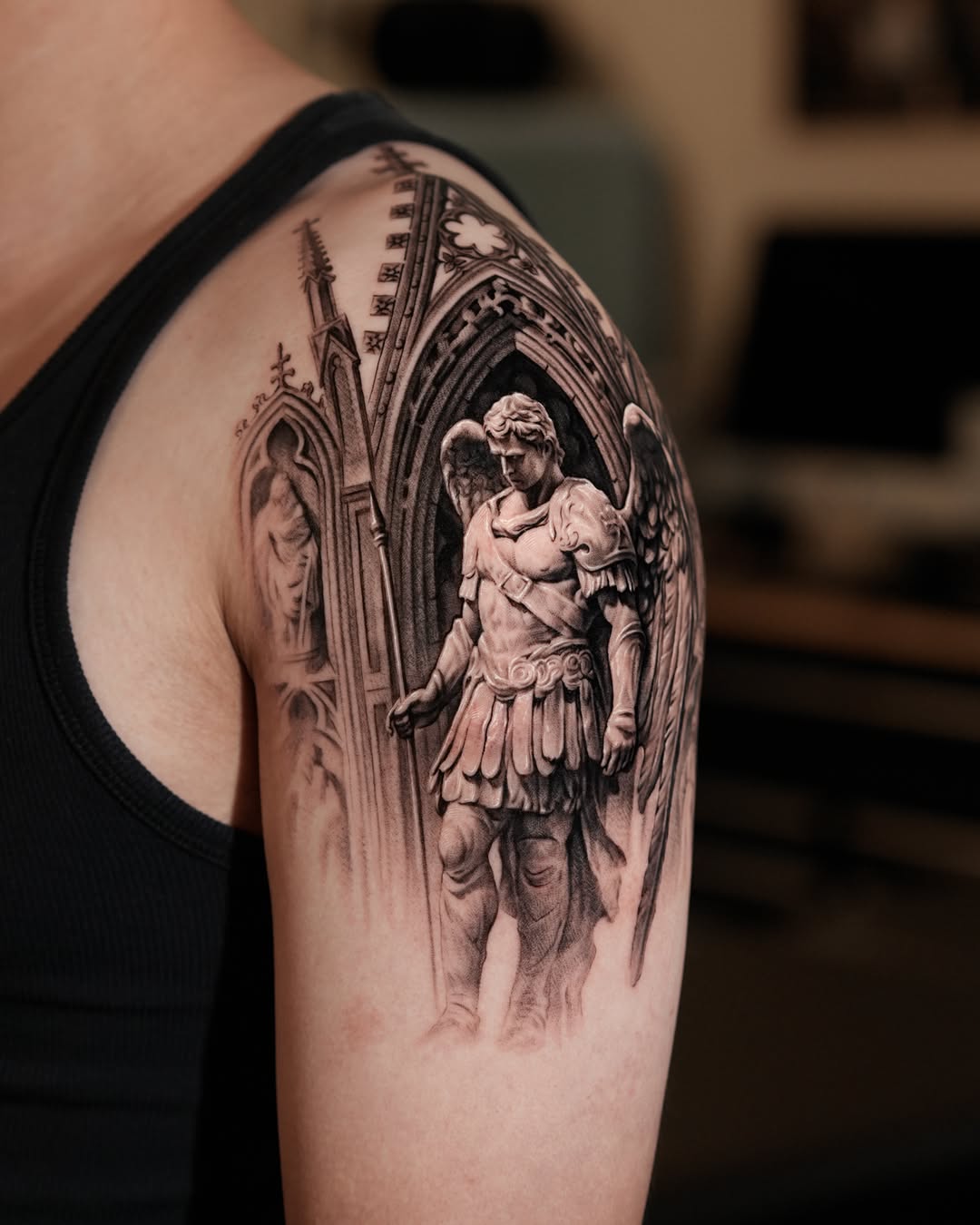 Angelic figure in gothic architecture realism tattoo on the shoulder by Gody