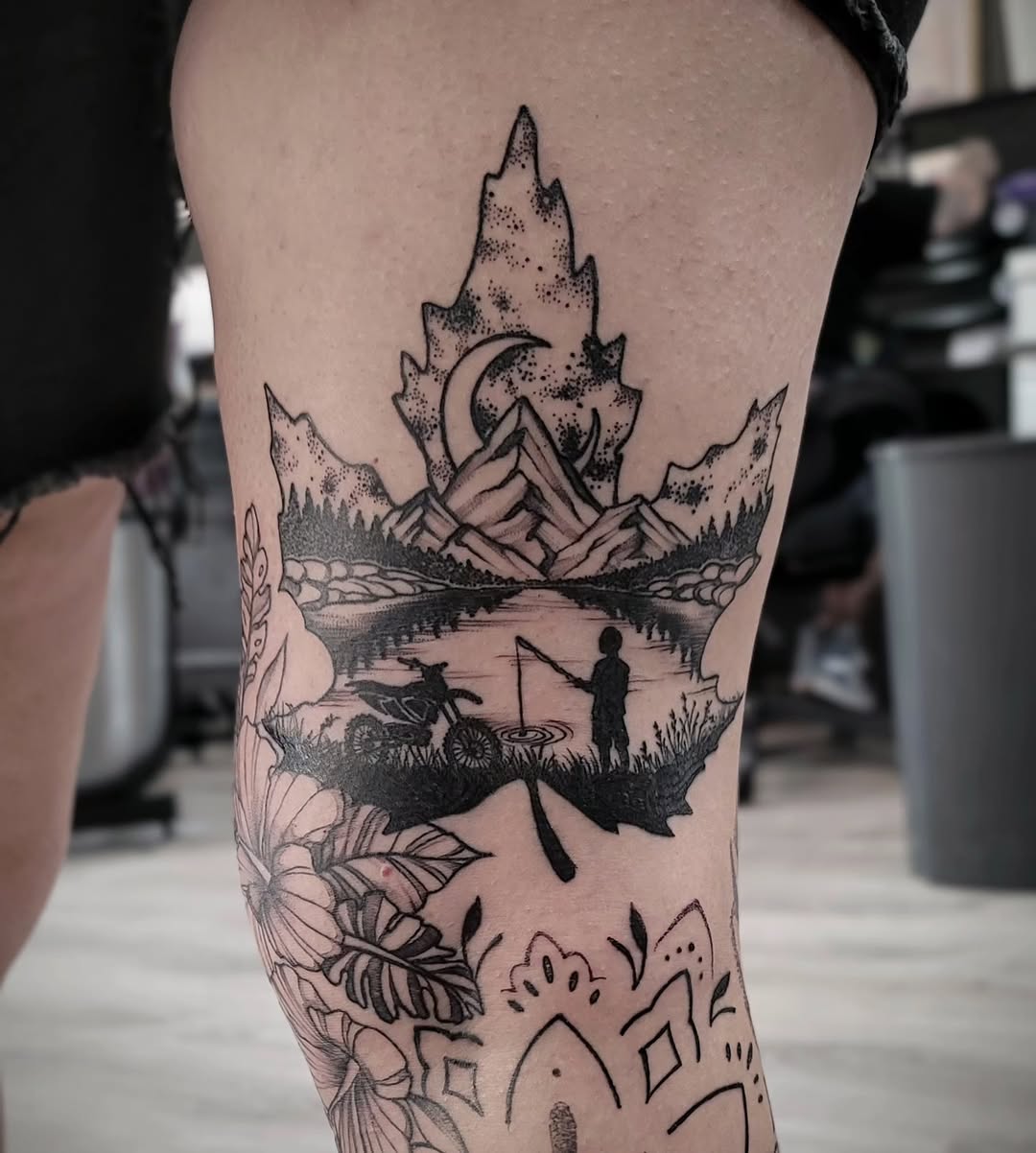 Mountain landscape with moon and fishing fine line tattoo on the thigh by Tricky Lake, Newfield, New Jersey
