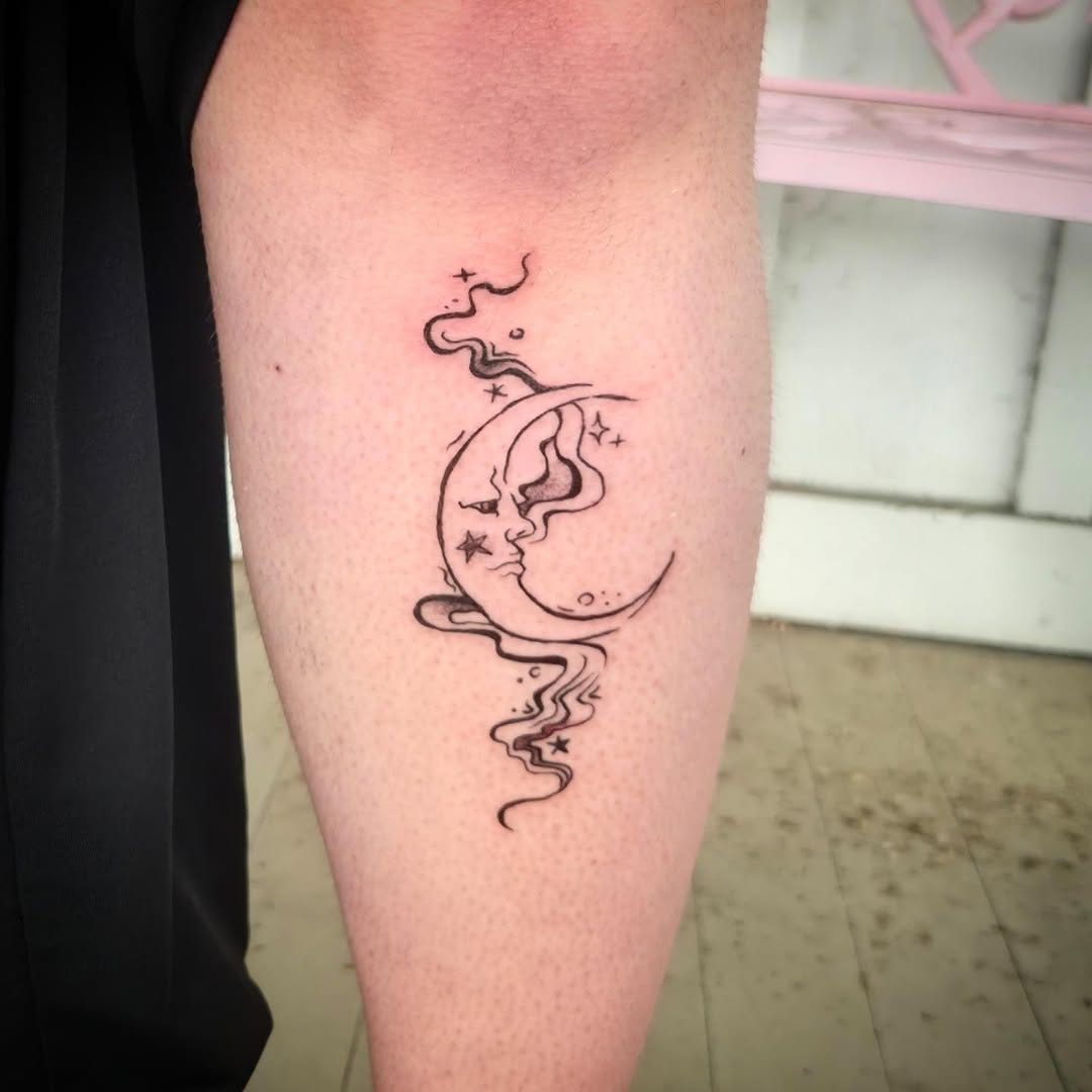 Crescent moon with face and stars minimalist tattoo on the forearm by π΅ππππ§π»ββοΈβΛκ©ο½‘β