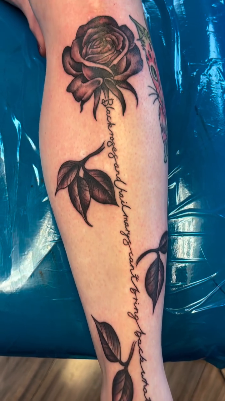 Tattoo by @wildwitchcraft — black_and_grey, lettering_script