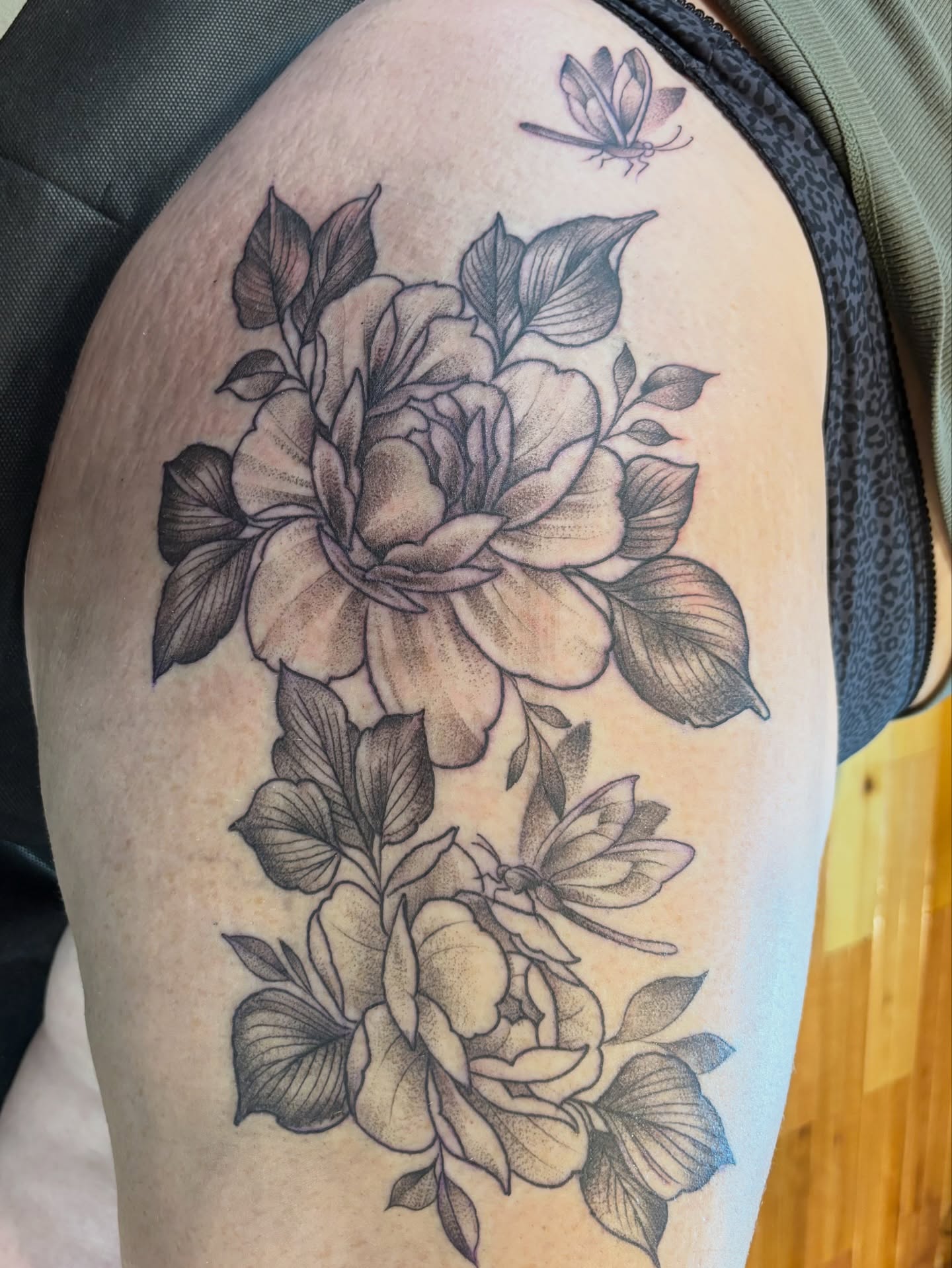 Peony flowers realism tattoo on the thigh by Komfort Kristy