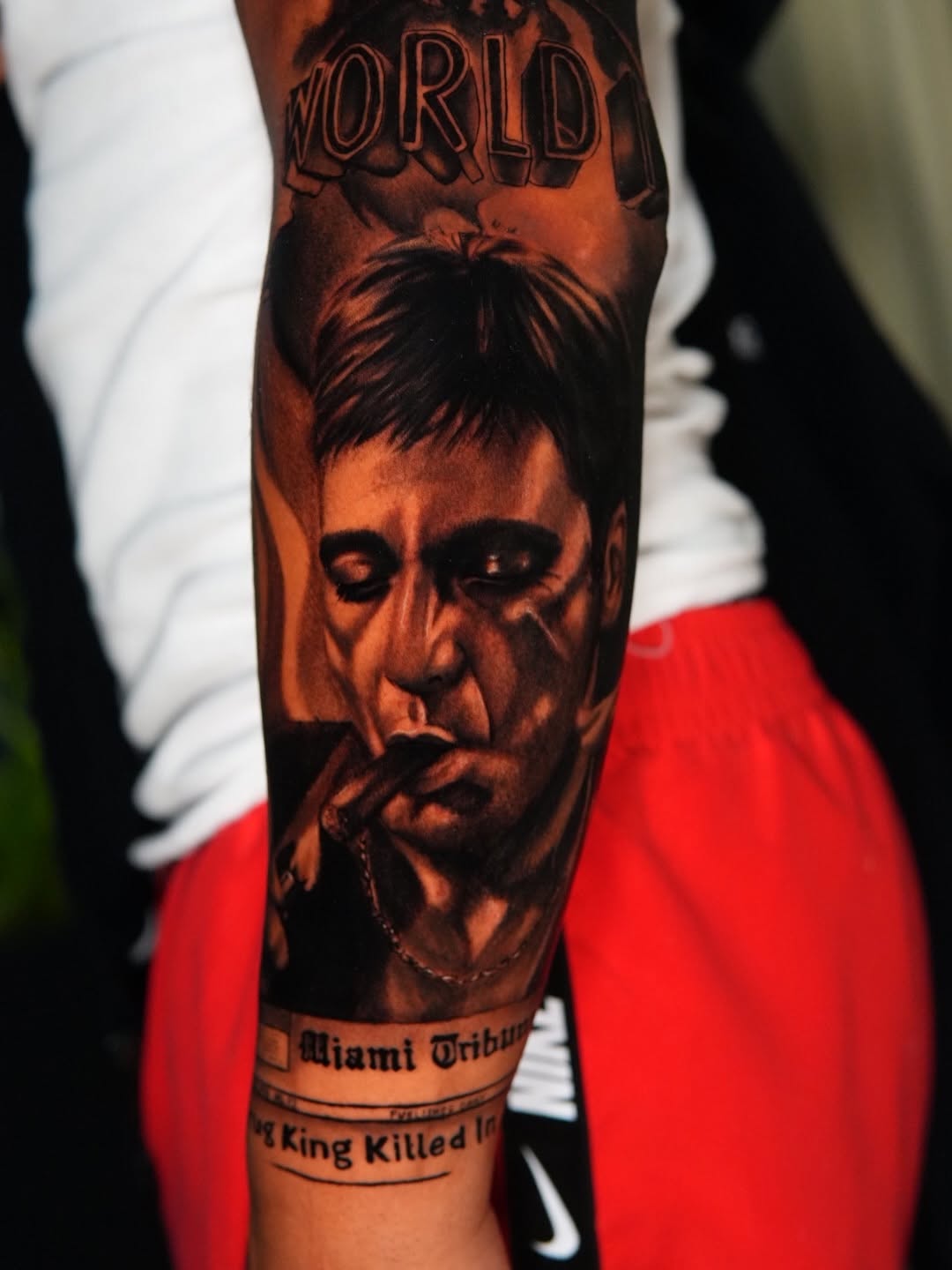 Tony Montana portrait realism tattoo on the forearm by ᴅᴀʟʟᴀꜱ ᴛᴀᴛᴛᴏᴏ ᴀʀᴛɪꜱᴛ