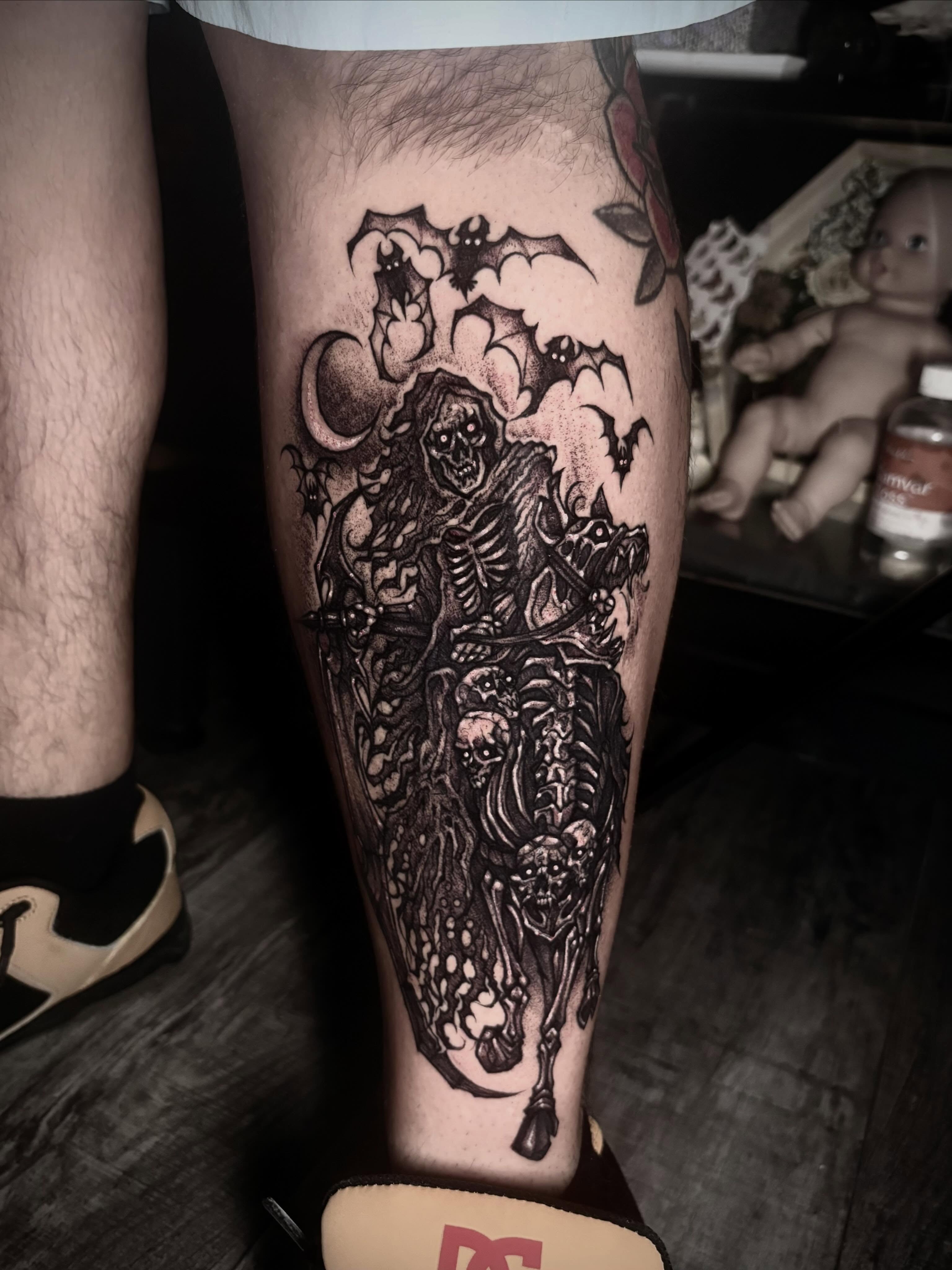 Skeleton rider dark realism tattoo on the calf by ๐ท๐๐๐๐