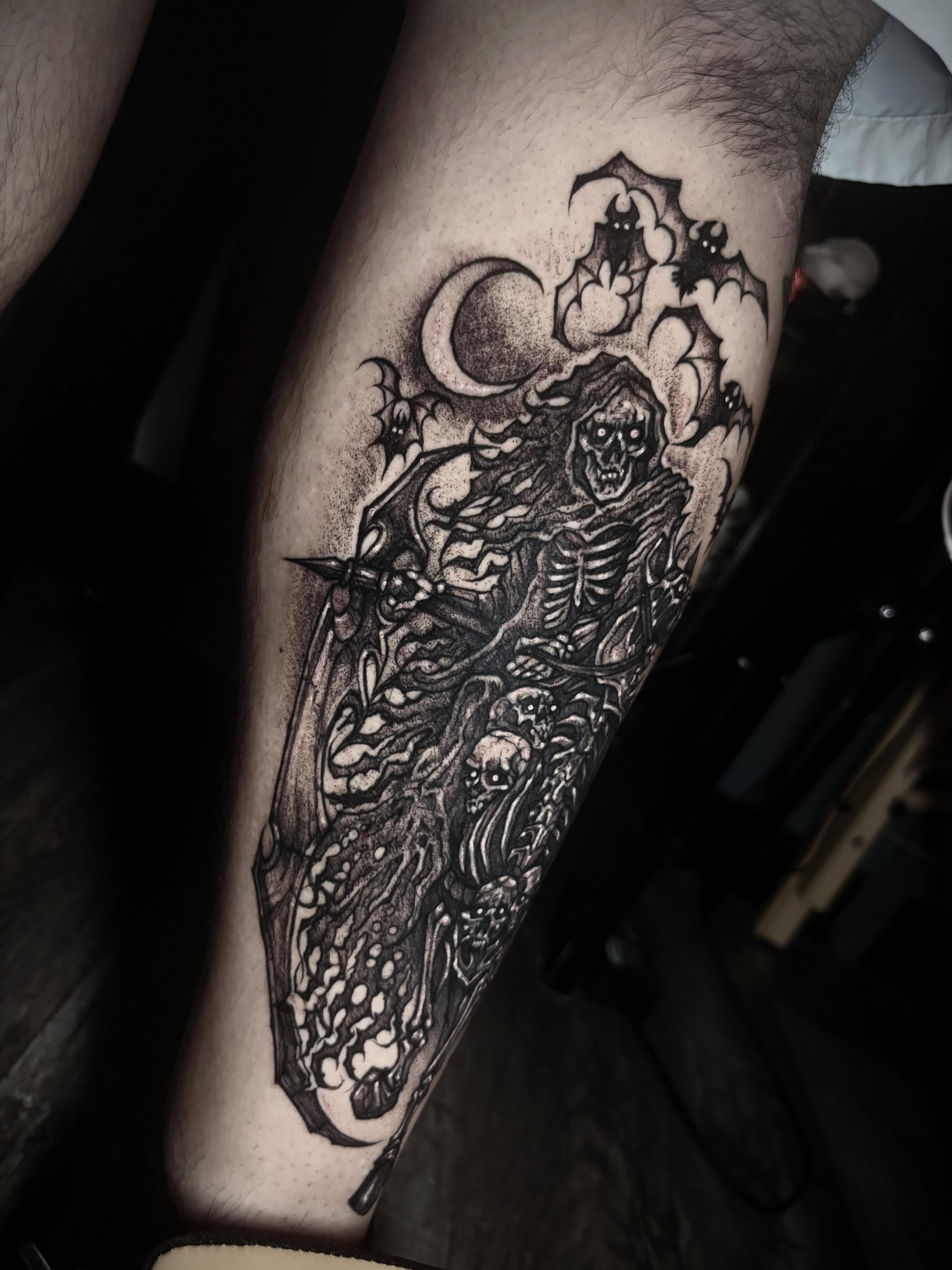 Grim reaper dark realism tattoo on the forearm by ๐ท๐๐๐๐