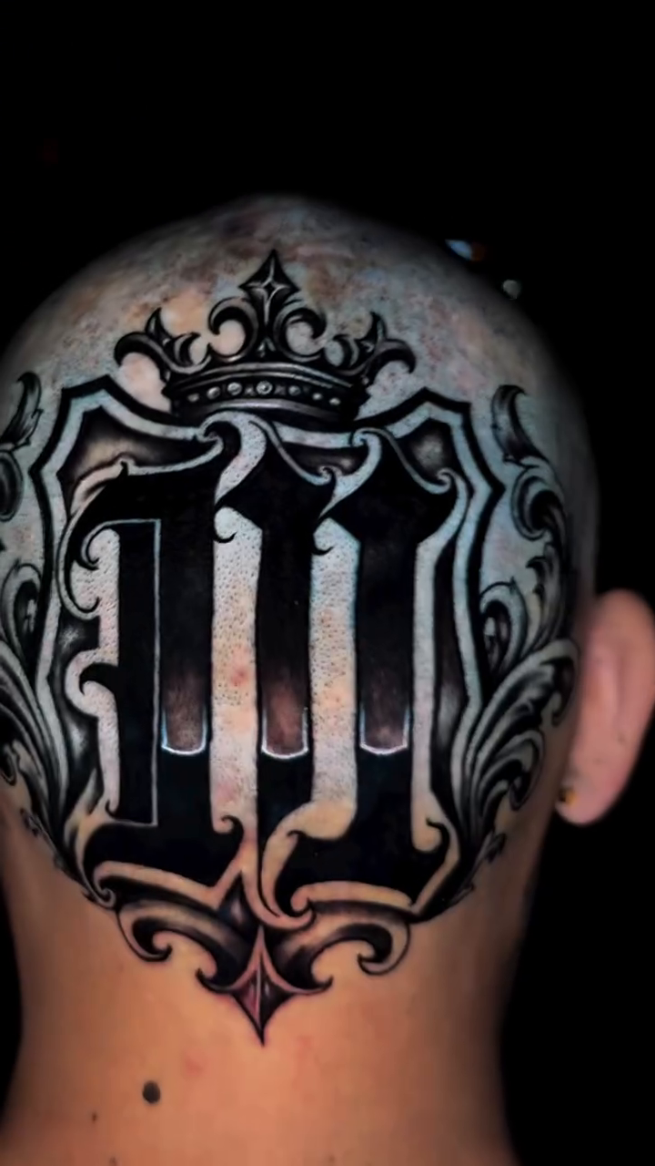 Monogram tattoo on head Chicano tattoo on the head by Steve