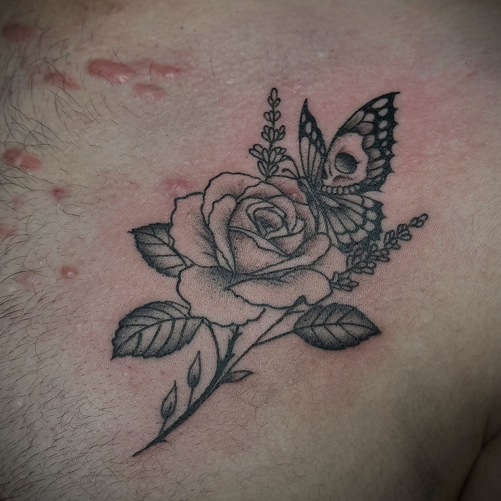 Rose and butterfly realism tattoo on the thigh by star🪭