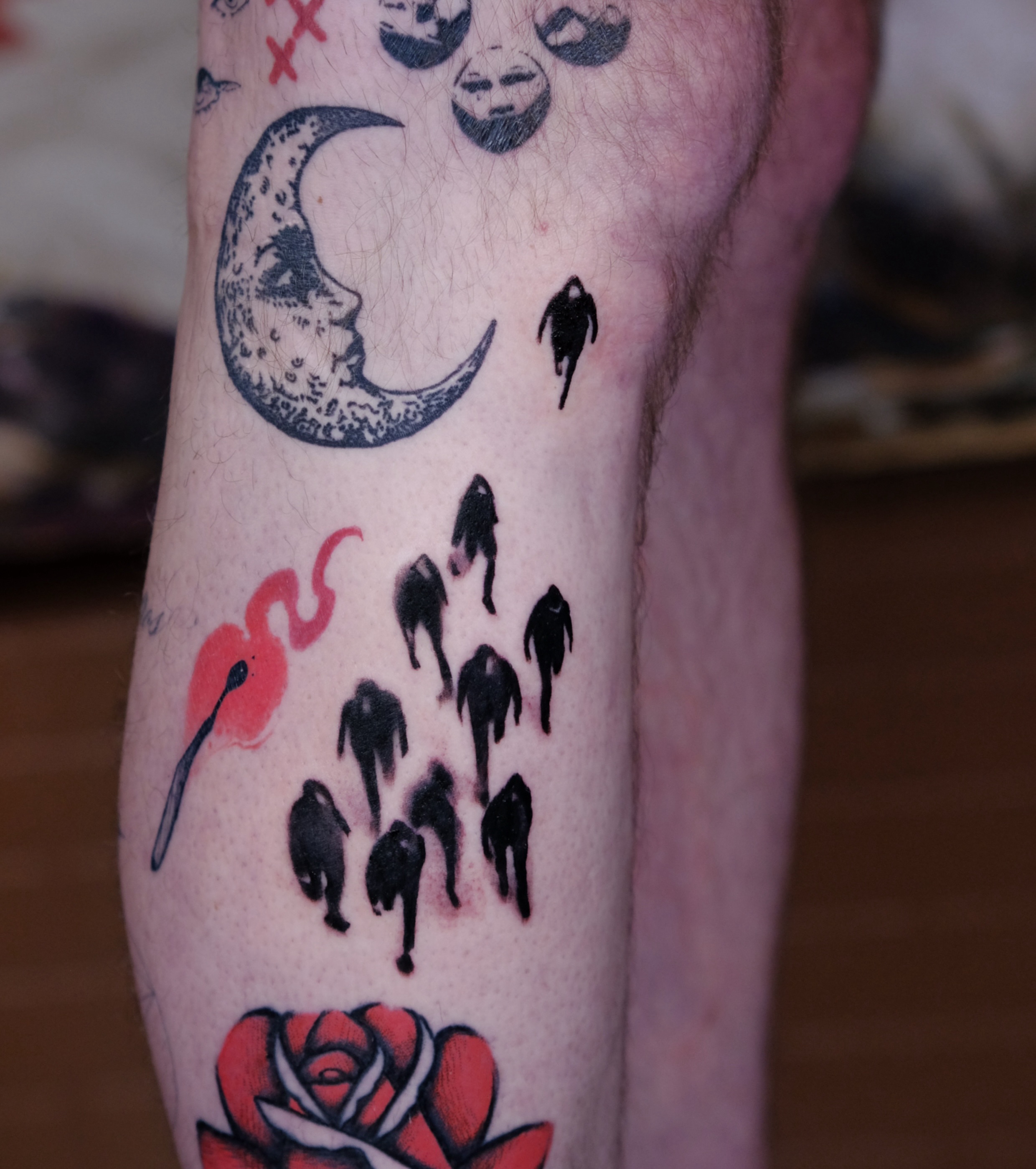 Moon and silhouettes American traditional tattoo on the forearm by 𝐌𝐀𝐊𝐒𝐈𝐌 𝐏𝐀𝐓𝐑𝐈𝐂𝐊