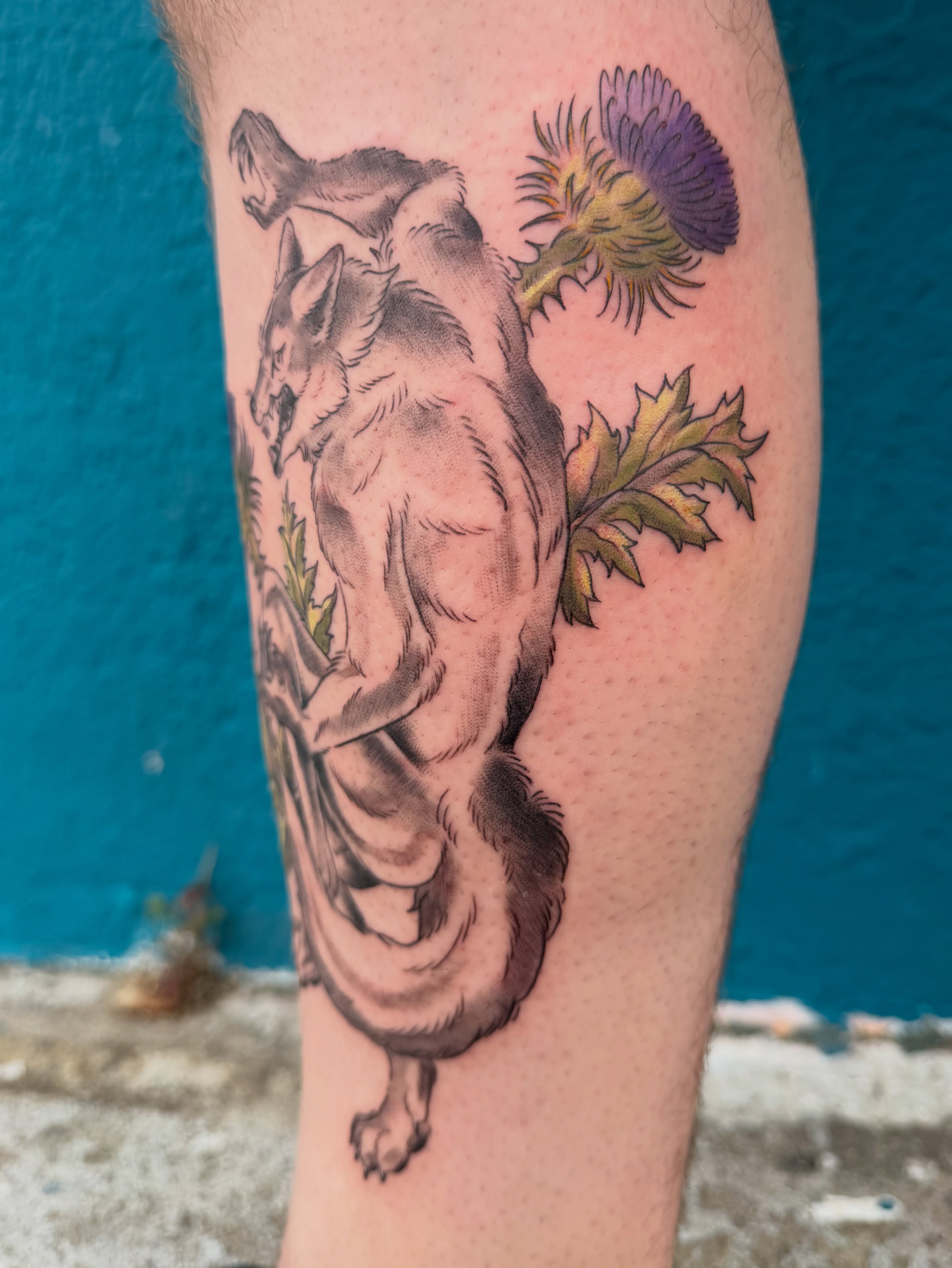 Fox and thistle realism tattoo on the forearm by Roswell Orellana 👽🛸