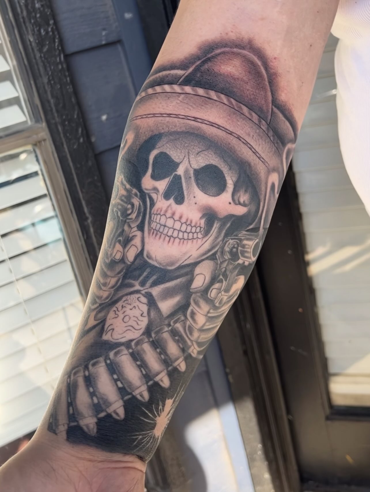 Skull with gear realism tattoo on the forearm by Dallas tx tattoo artist ✝️