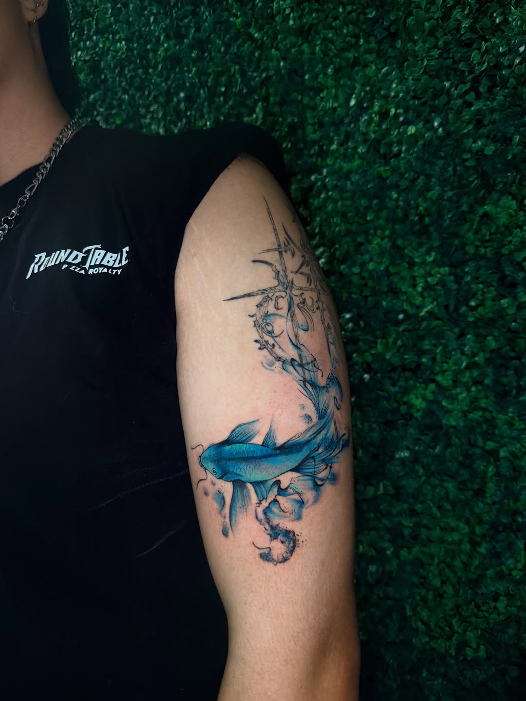 Blue koi fish with abstract elements tattoo on the forearm by bella :)