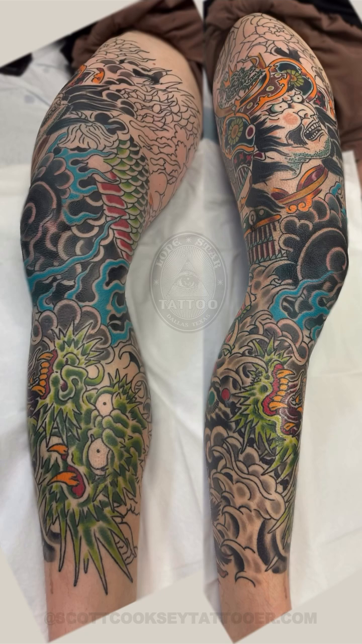 Dragon sleeve tattoo Japanese tattoo on the upper arm by Scott Allen Cooksey, Plano, Texas