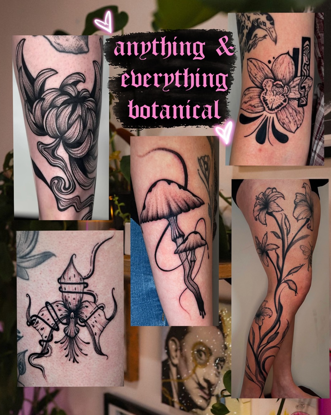 Botanical black and grey tattoo on the leg by Elisa
