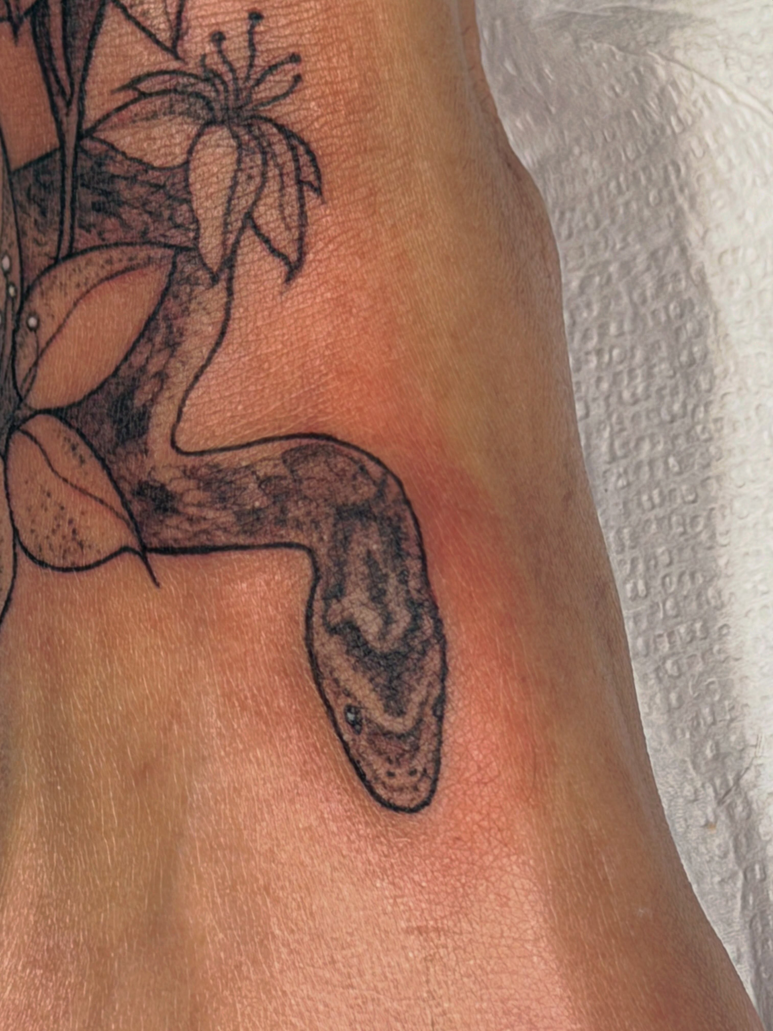 Snake black and grey tattoo on the forearm by sarah bug