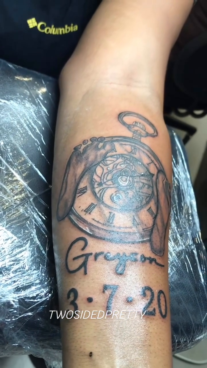 Pocket watch with name and date tattoo on the forearm by @twosidedpretty