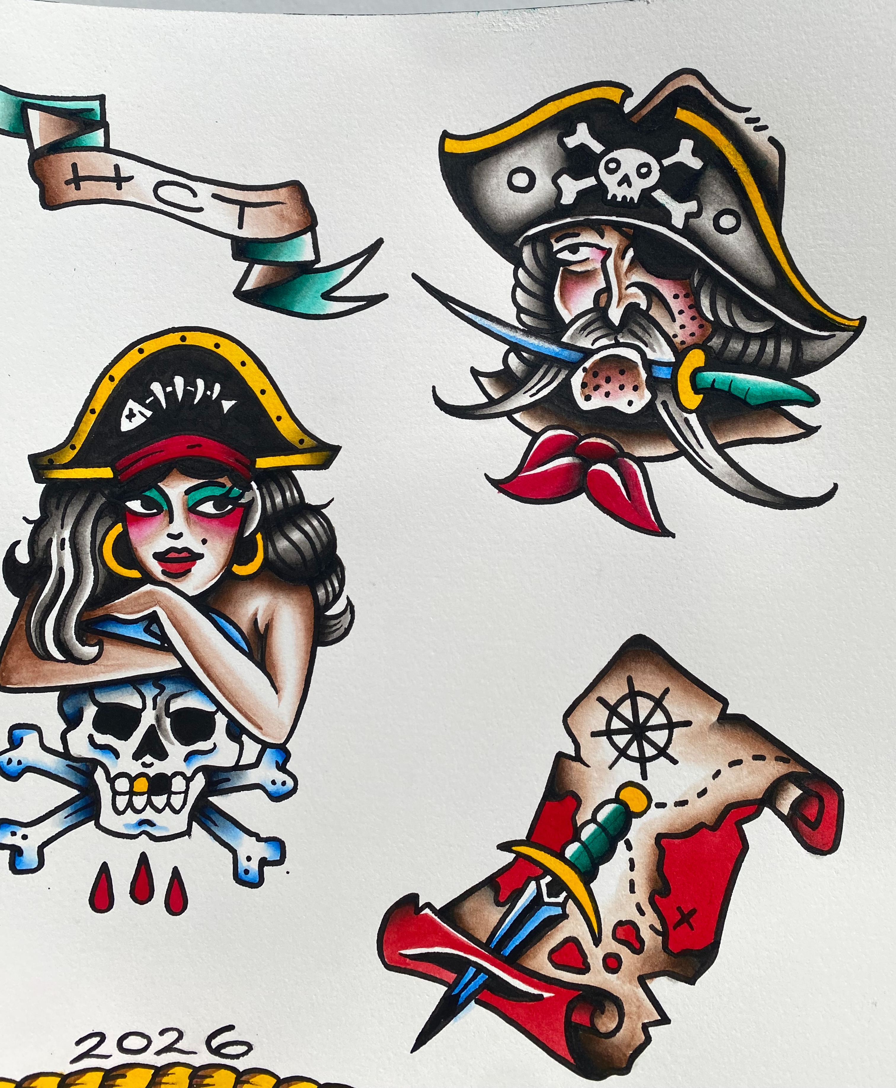Pirate-themed designs American traditional tattoo by Karl Hegwein, Portland, Oregon