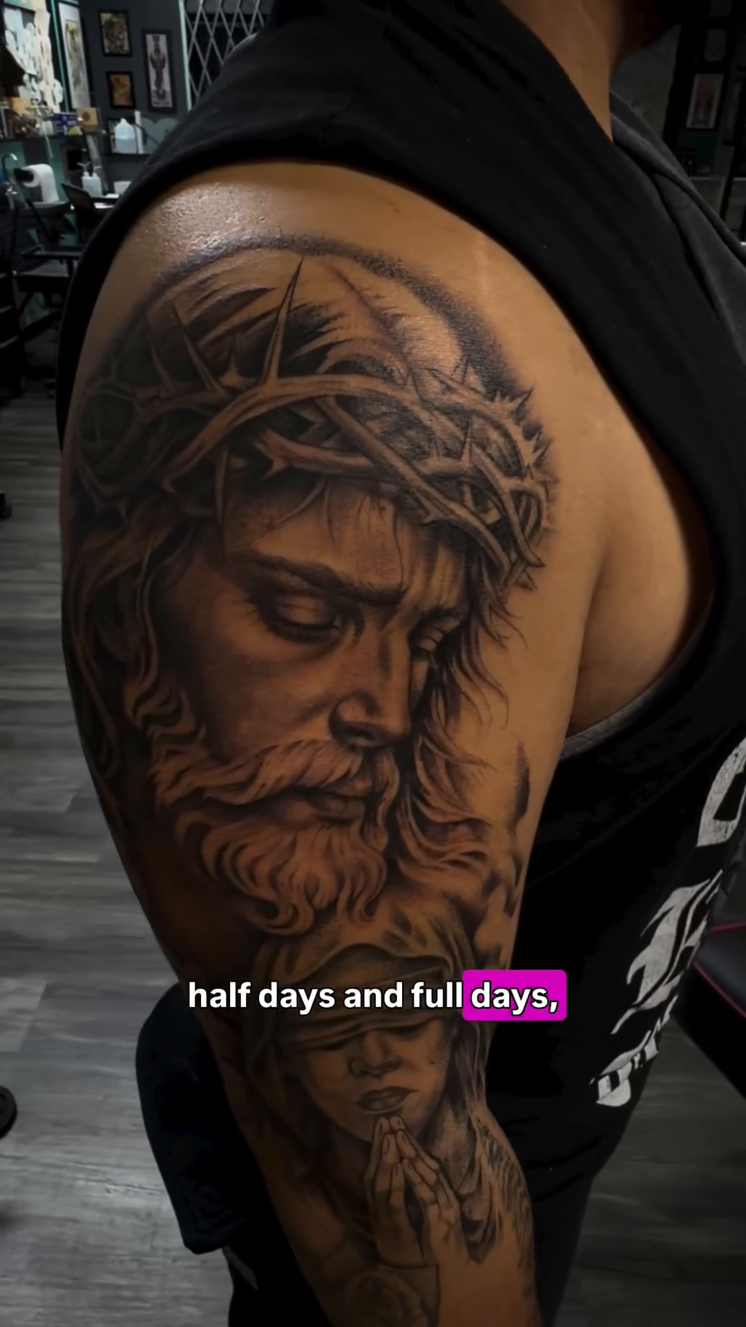 Jesus Christ portrait realism tattoo on the shoulder by Jericho Las Vegas tattoo artist, Las Vegas, Nevada