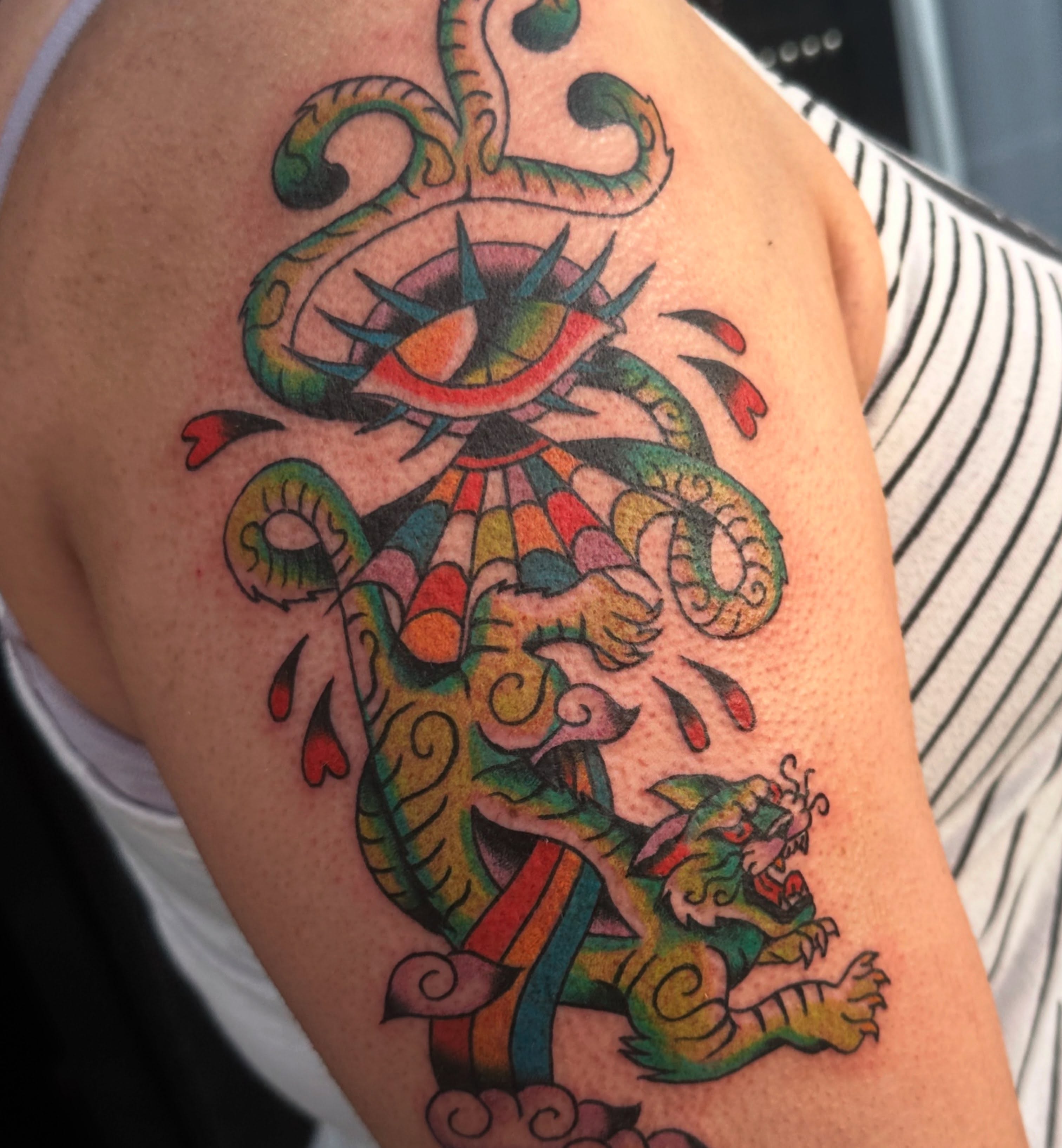 Dragon and eye American traditional tattoo on the shoulder by ࿊ Emma Sloan Tattoos ࿊, Austin, Texas