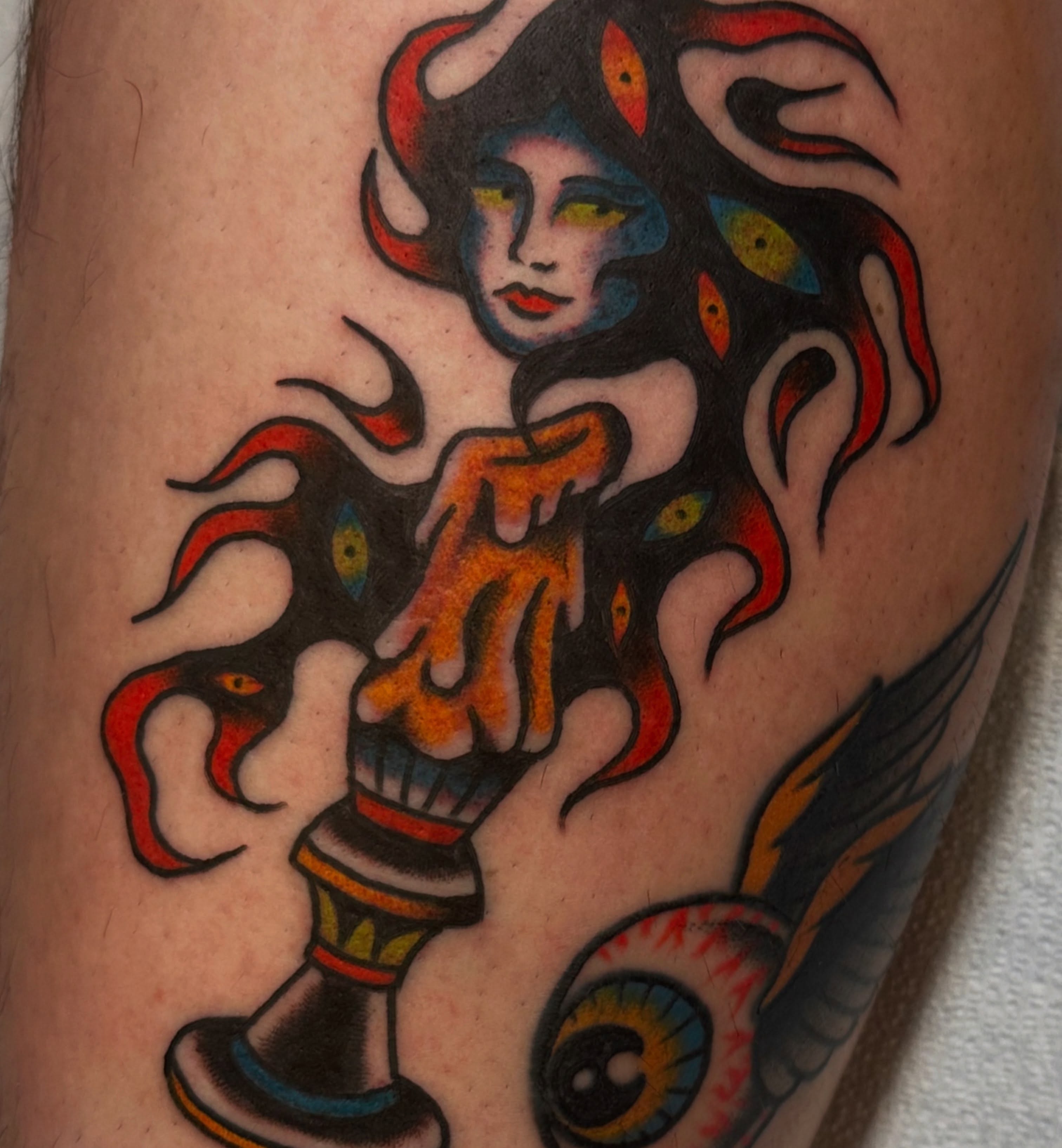 Woman with horns American traditional tattoo on the forearm by ࿊ Emma Sloan Tattoos ࿊, Austin, Texas