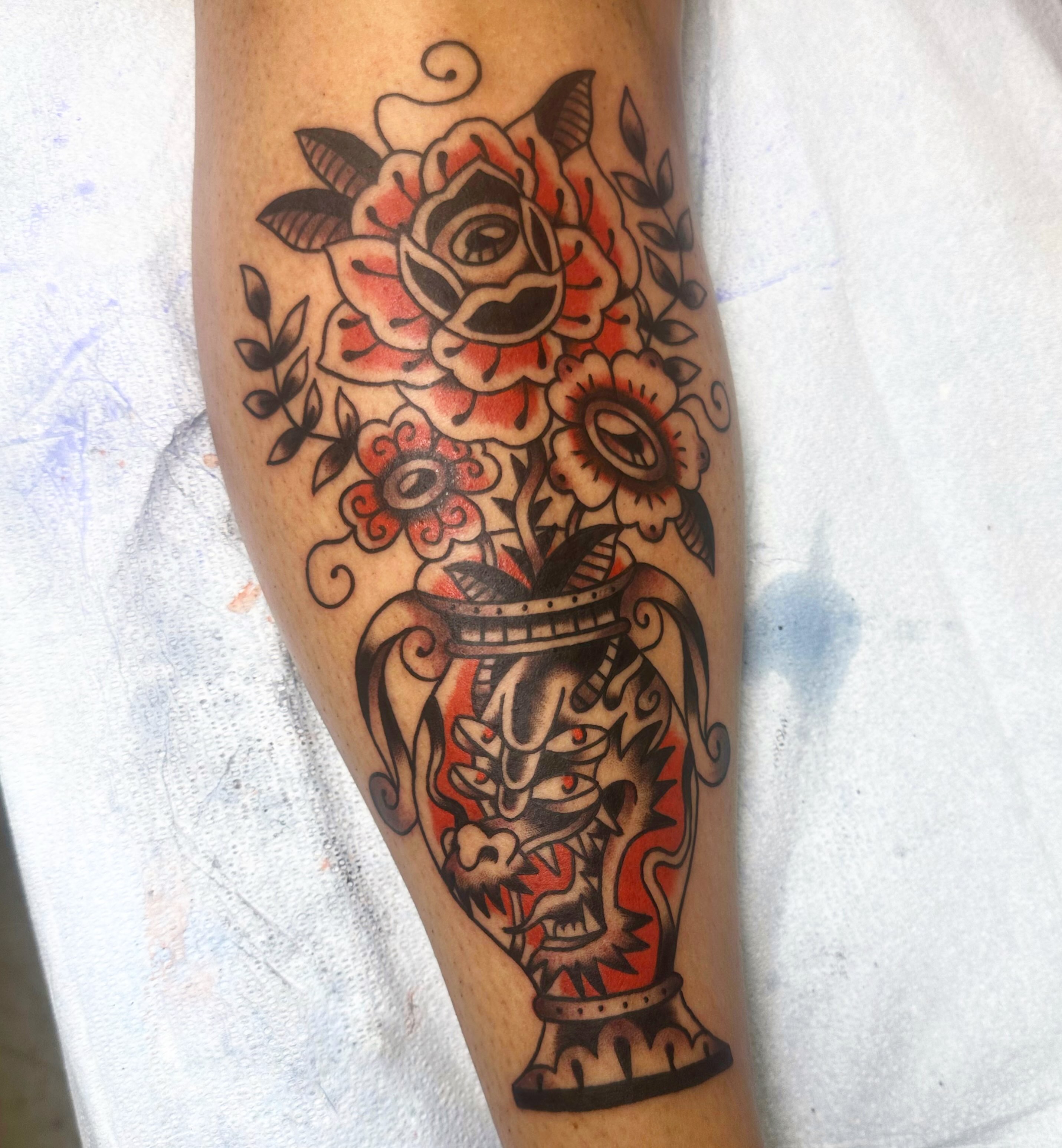 Flower arrangement American traditional tattoo on the forearm by ࿊ Emma Sloan Tattoos ࿊, Austin, Texas