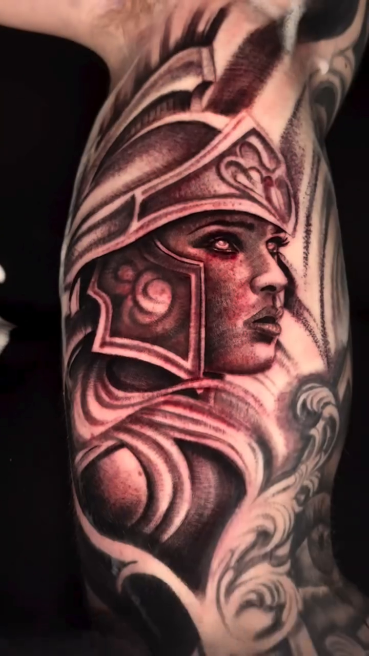 Portrait of a warrior woman realism tattoo on the forearm by Henry Fuentes