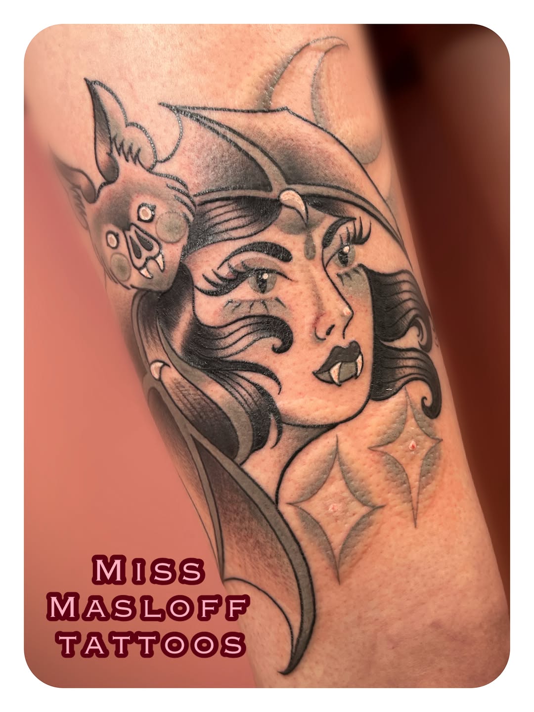 Witch with bat tattoo on the forearm by ๐Miss Ash Masloff (Mrs.Waritz)๐