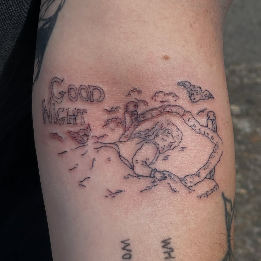 Tattoo by @_vessel_art — illustrative, lettering_script