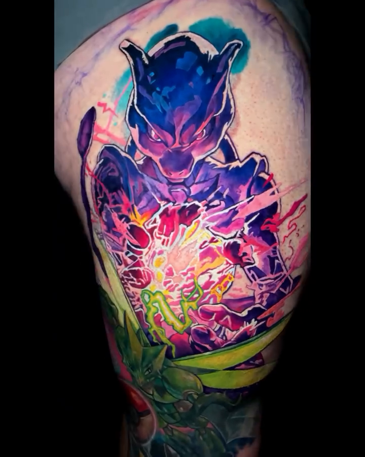Mewtwo anime tattoo by Tattoo artist in Seattle, WA