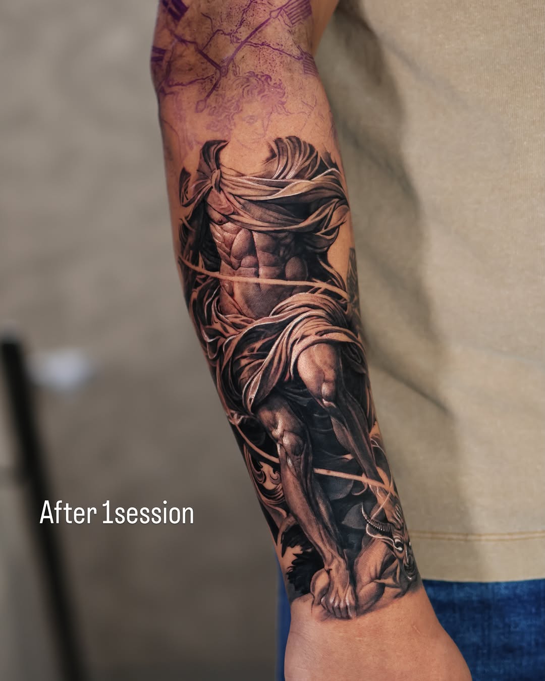 Greek statue with drapery realism tattoo on the forearm by Reset tattoo