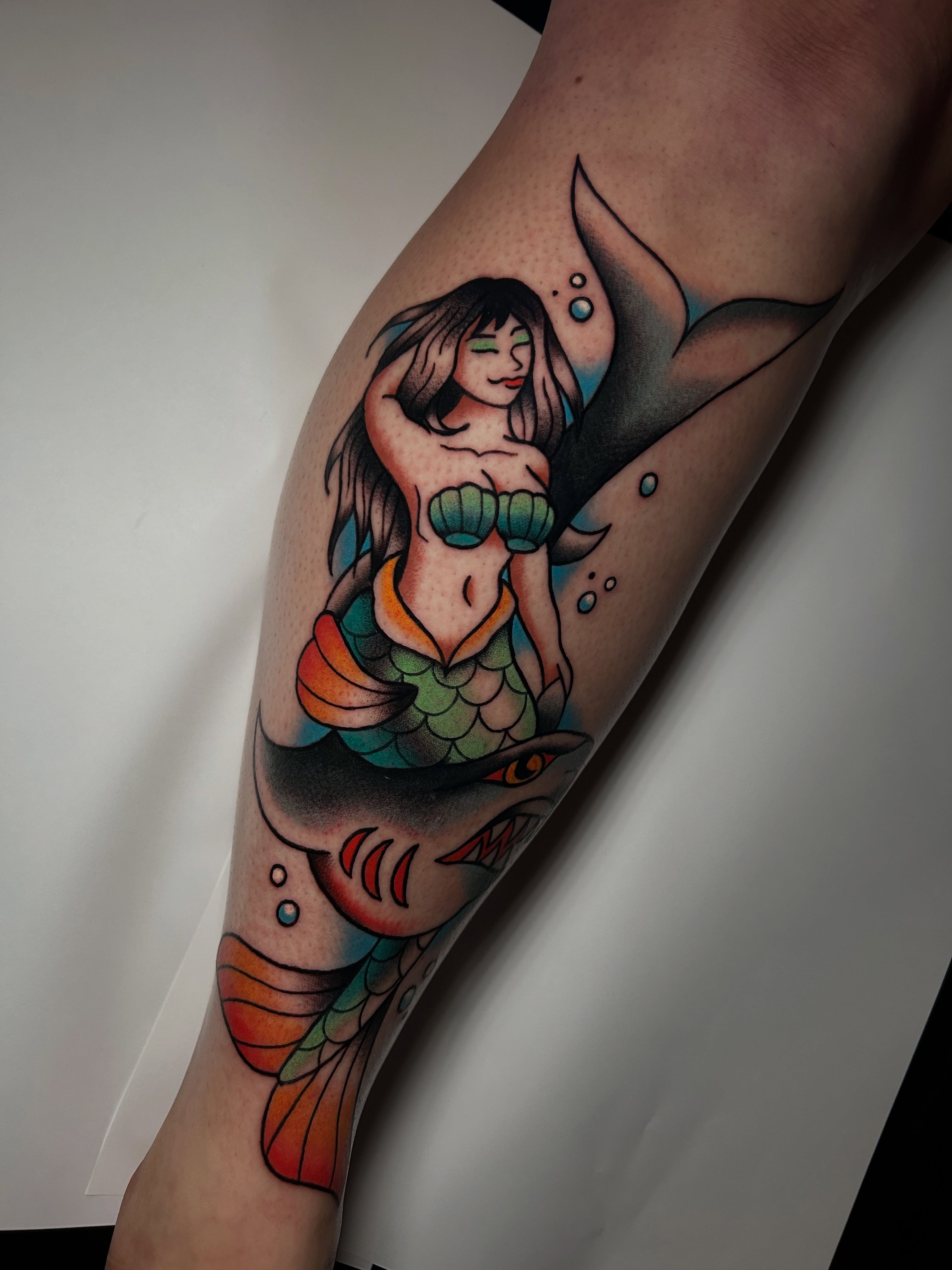 Mermaid American traditional tattoo on the forearm by Cat ツ