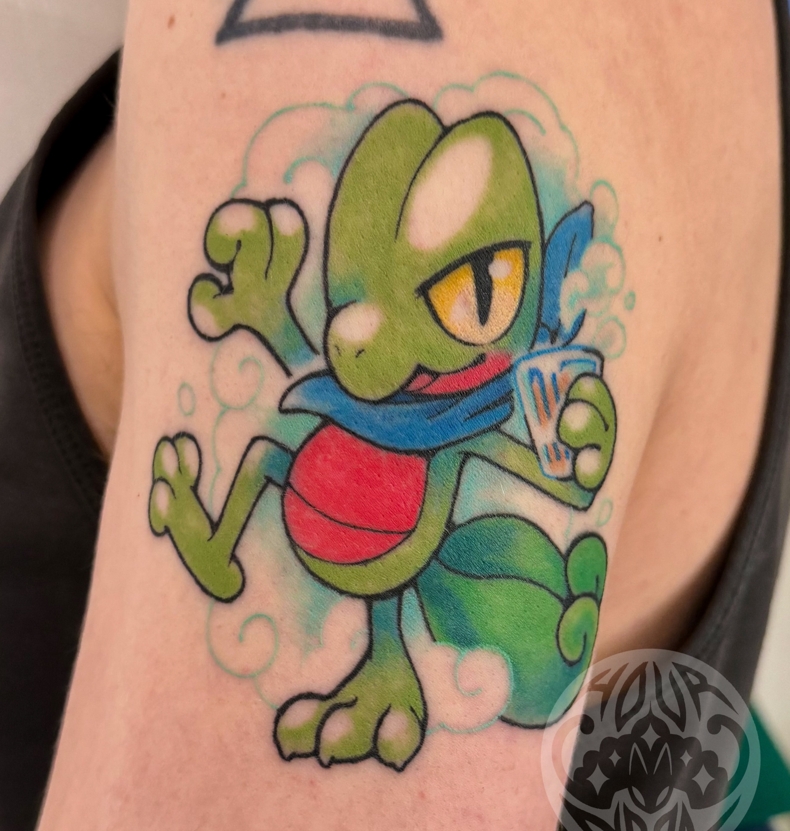 Frog new school tattoo on the forearm by 𝖍𝖔𝖚𝖗𝖓𝖔𝖔𝖓