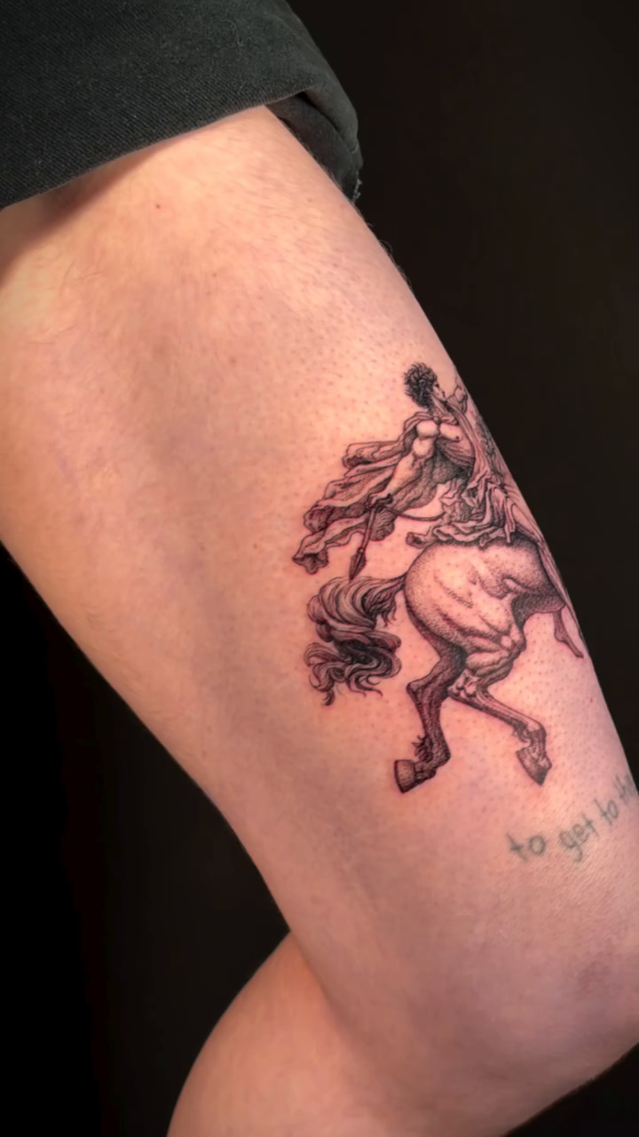 Man riding a horse realism tattoo by Jessica Sheahan