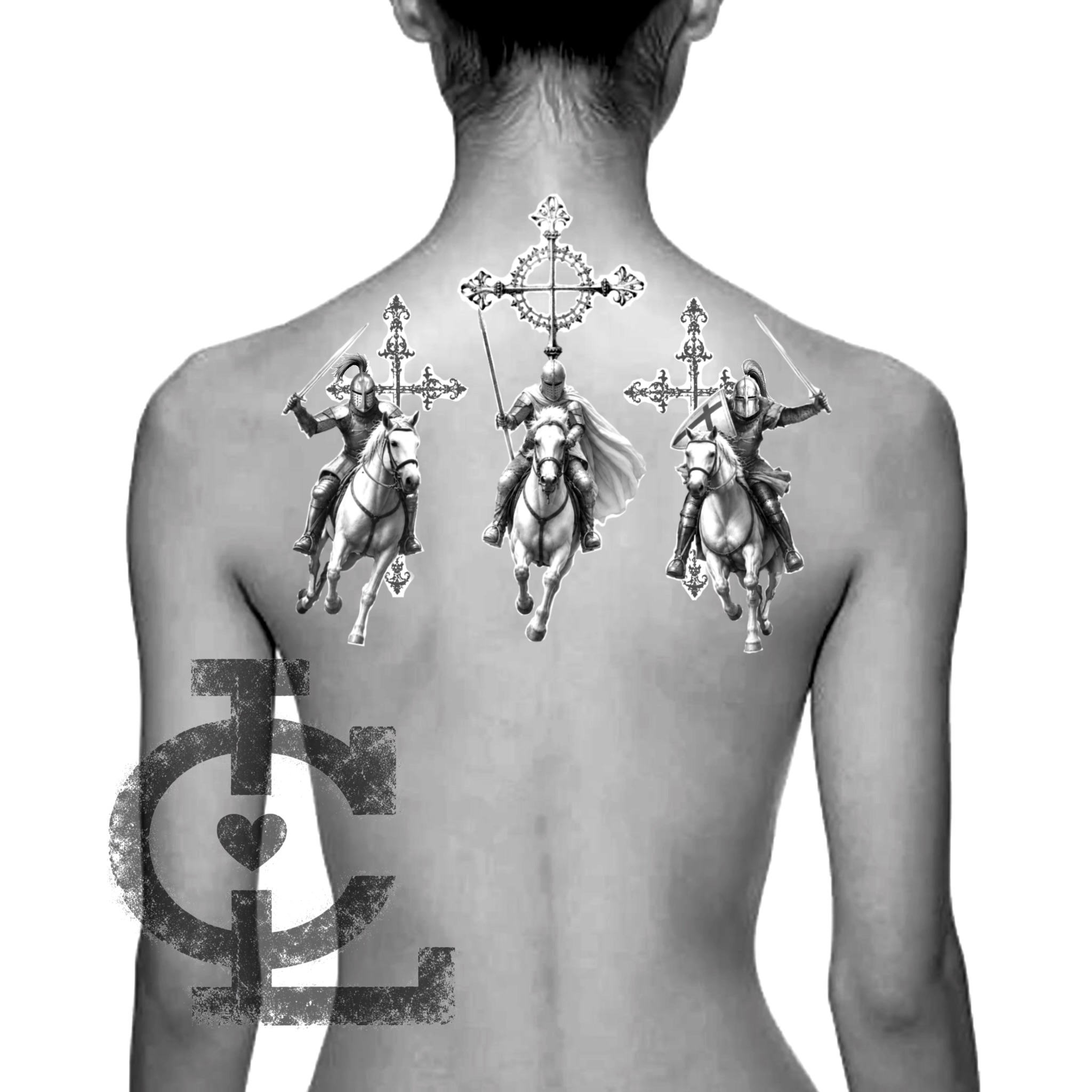 Knights on horseback black and grey tattoo on the back by @lovechasetattoo