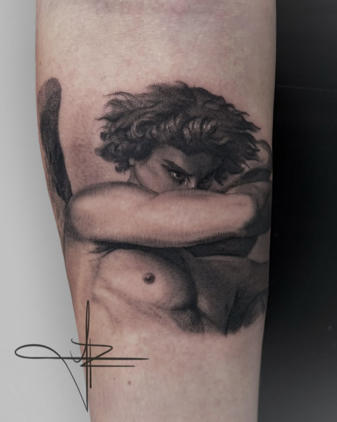 Fallen angel realism tattoo on the forearm by Jazz