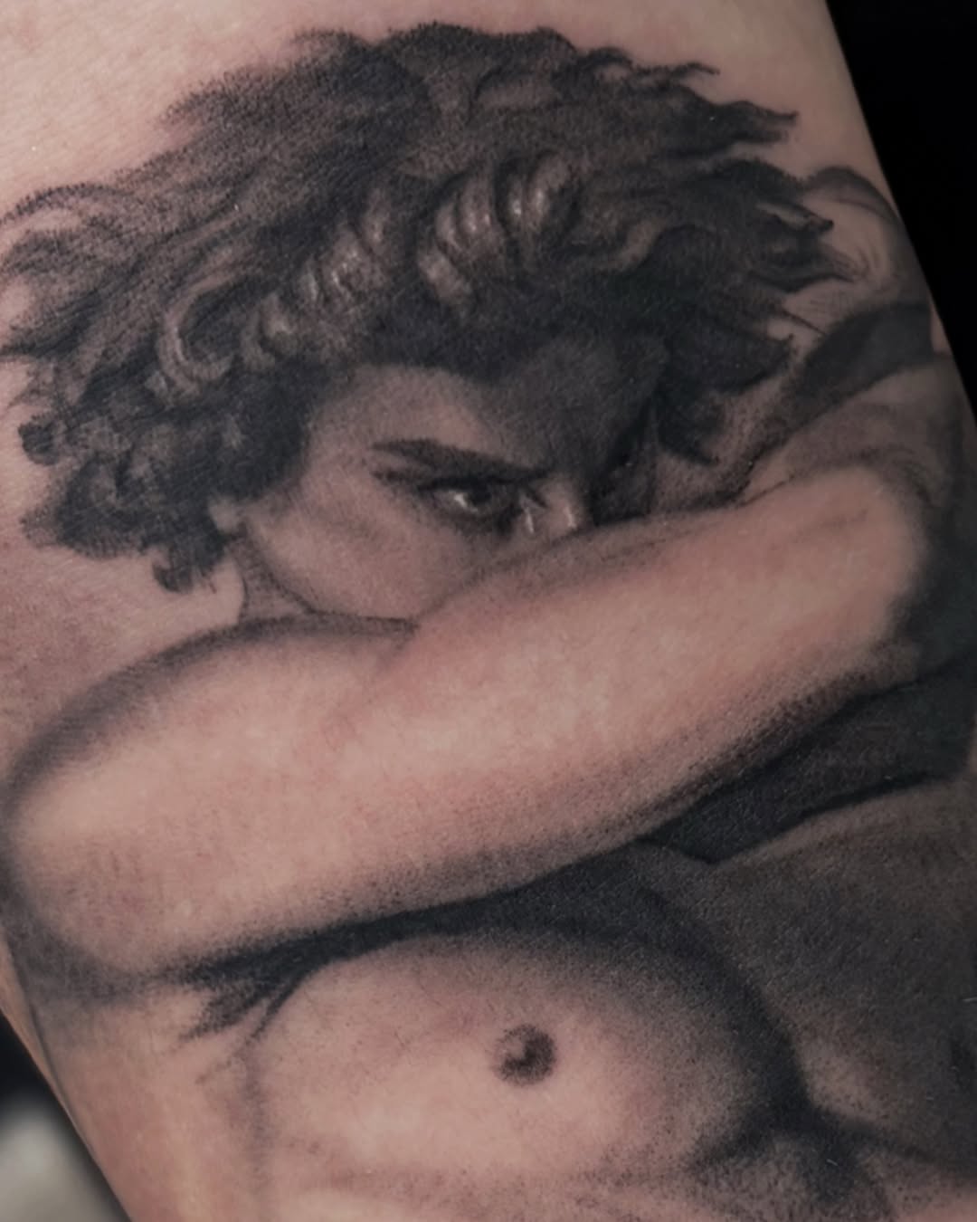 Fallen angel portrait realism tattoo on the chest by Jazz